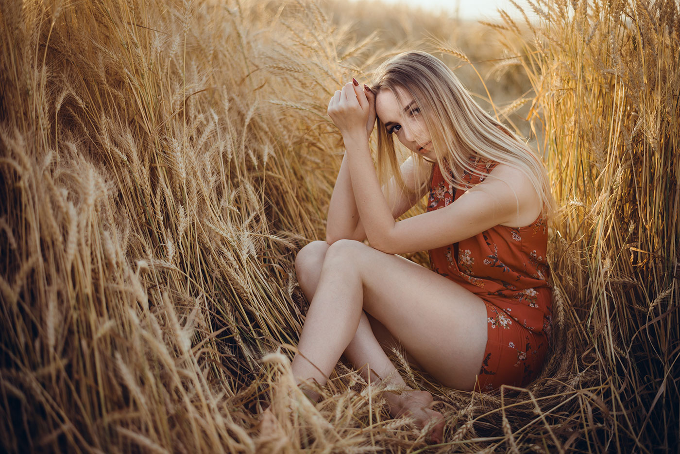 Oleg Raevskiy Women Blonde Field Grain Dress Legs Painted Nails Warm Summer 1400x934