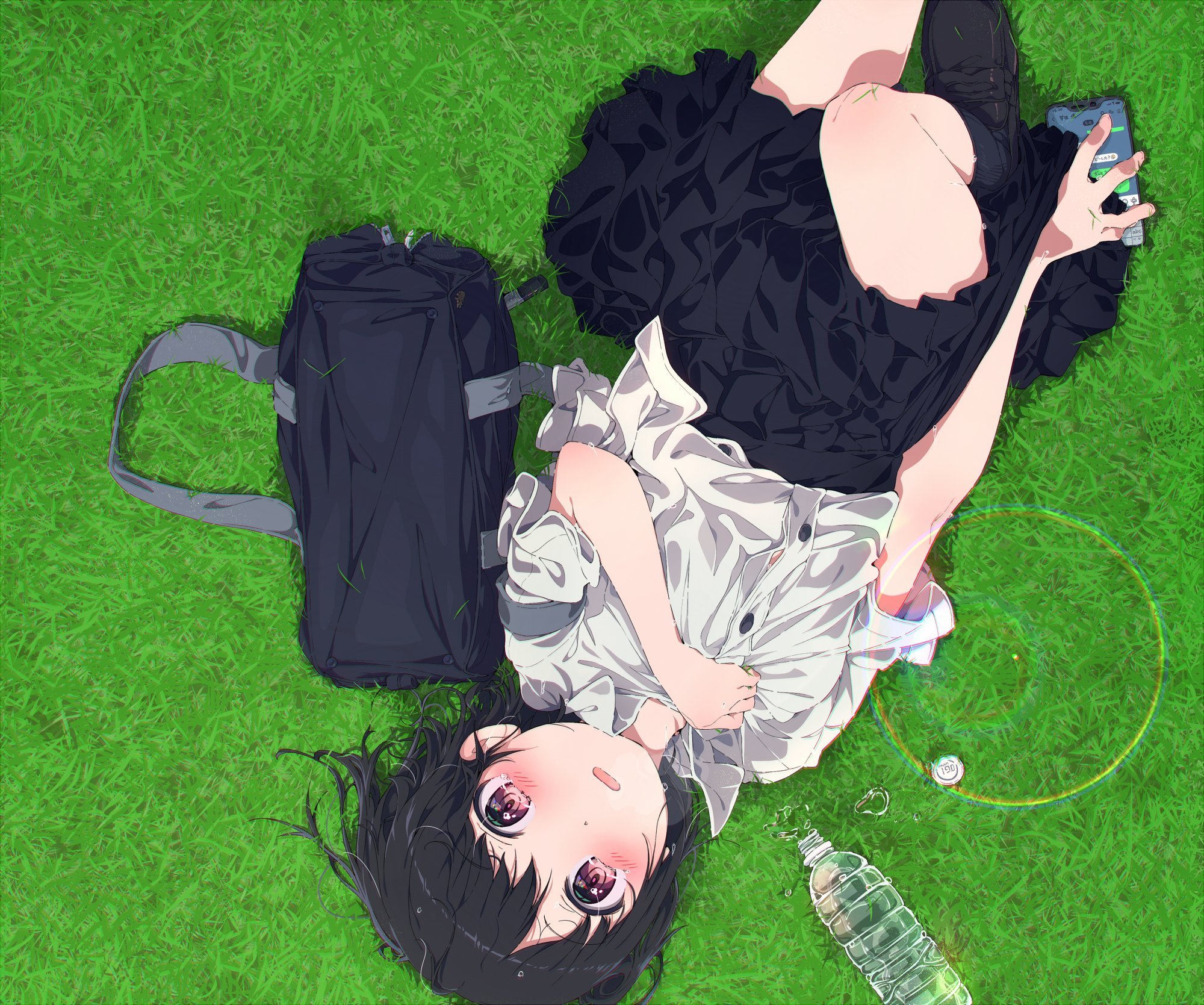 Anime Girls School Uniform Grass Schoolgirl Water Bottle Artwork Ogipote 2000x1669