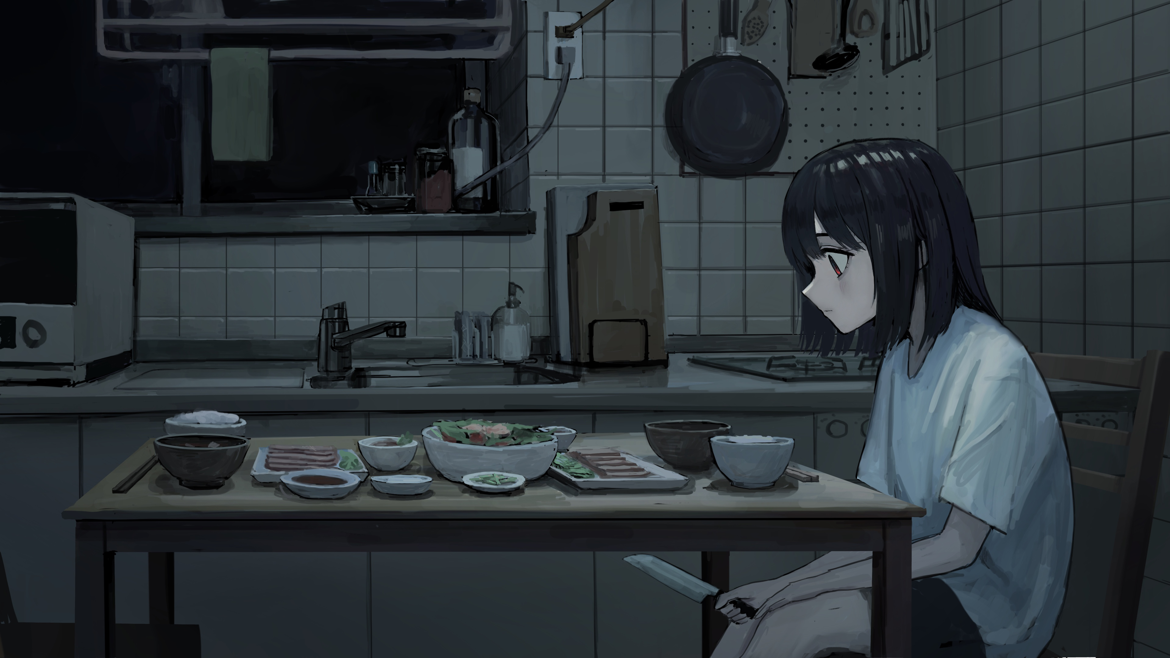 Anime Girls Depressing Eating Thinking Kitchen Sitting Knife Short Hair Black Hair Red Eyes Interior 3840x2160