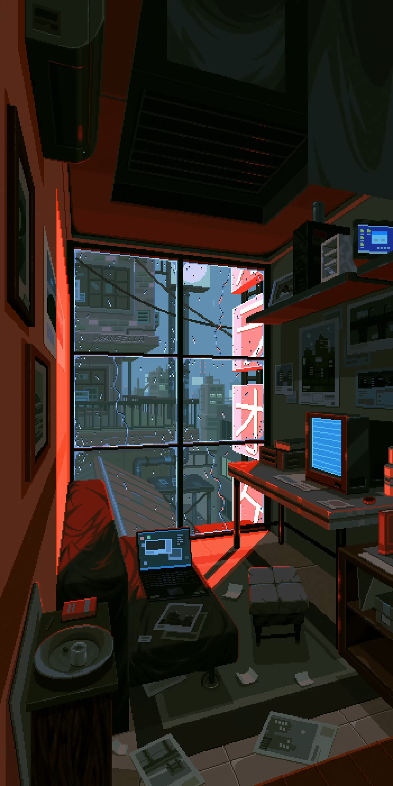 Waneella Pixel Art City Rain Window Portrait Display 1280x2560