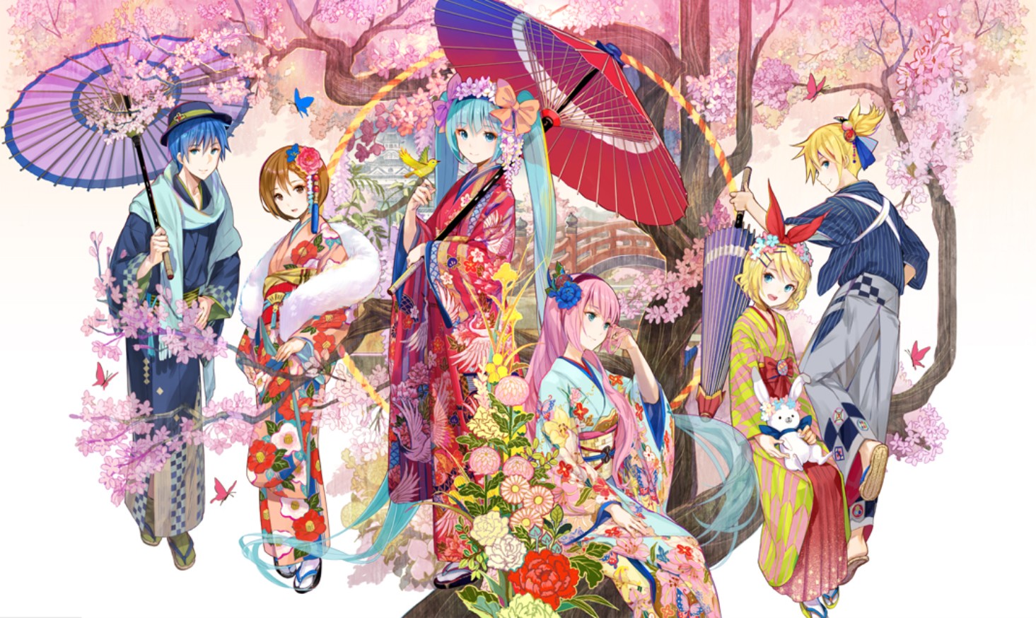 Anime Anime Girls Umbrella Anime Boys Vocaloid Flowers Kaito Meiko Hatsune Miku Megurine Luka Kagami 1465x874