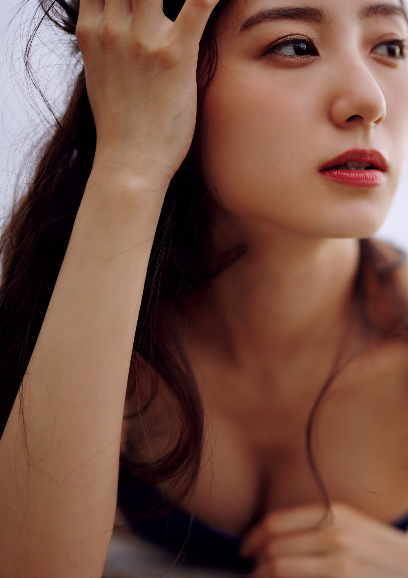 Women Model Asian Korean Model Red Lipstick Closeup Portrait Hands In Hair Parted Lips Lying Down Lo 1357x1920