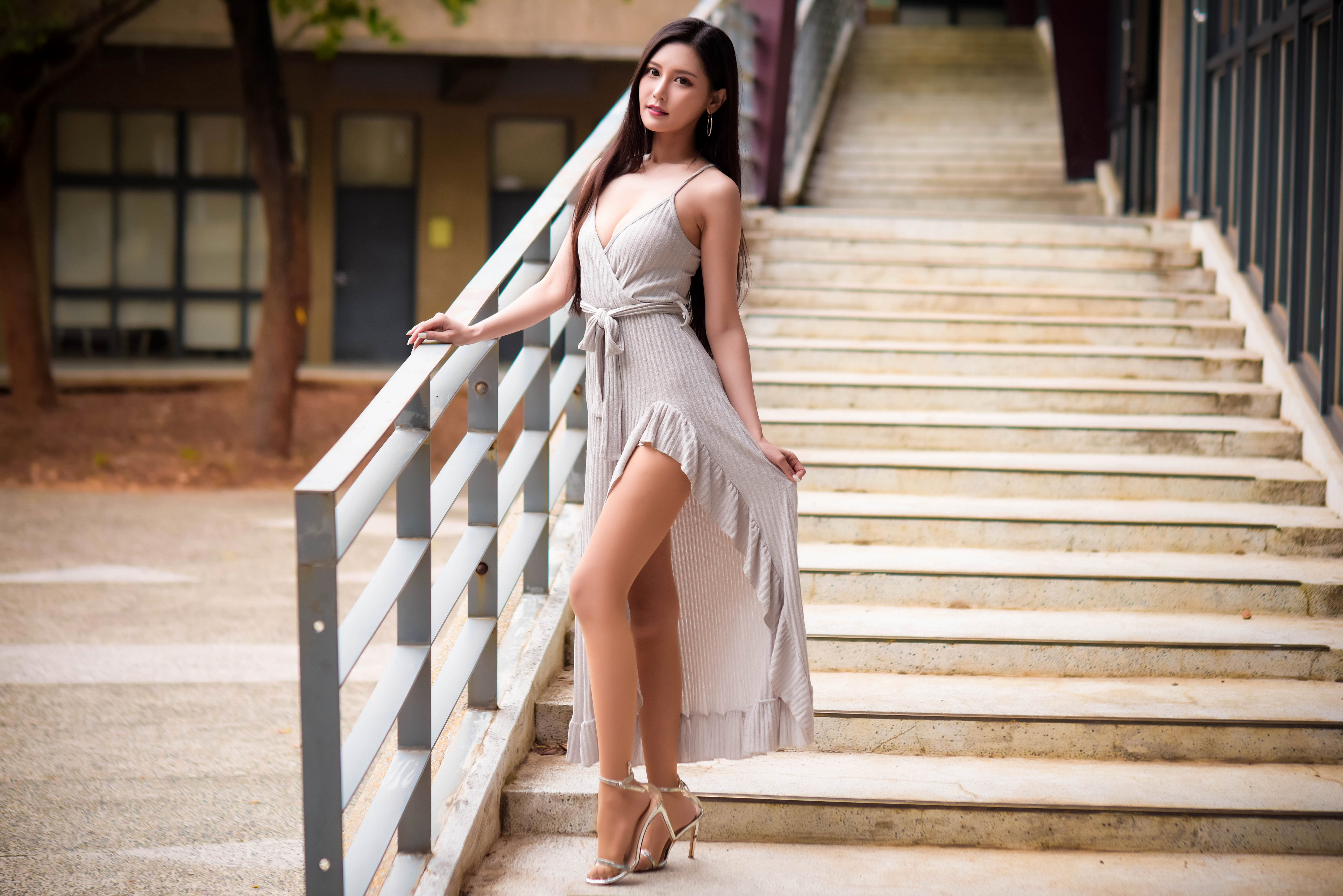 Asian Model Women Long Hair Dark Hair Stairs Iron Railing Legs Dress 3840x2563