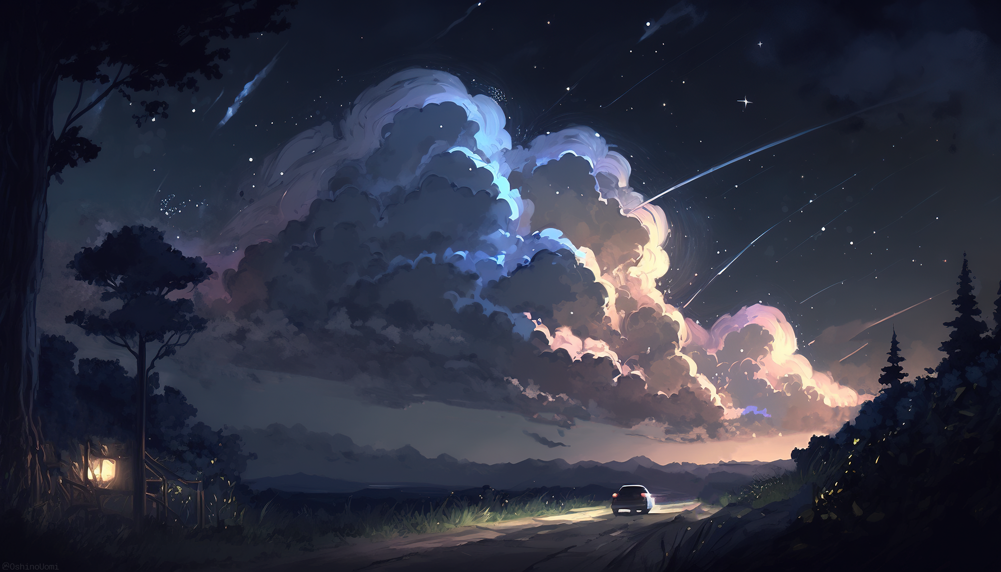 Uomi Illustration Artwork Ai Art Landscape Night Sky Clouds Shooting Stars Stars Car Starry Night Ta 2000x1143