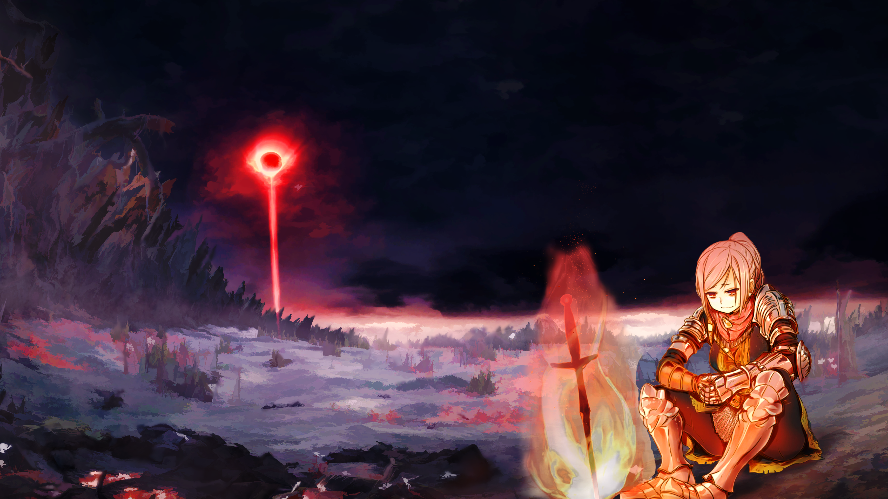 Dark Souls Dark Souls Iii Anime Girls Armor Sitting Sky Sword Weapon Scars Campfire 3420x1923