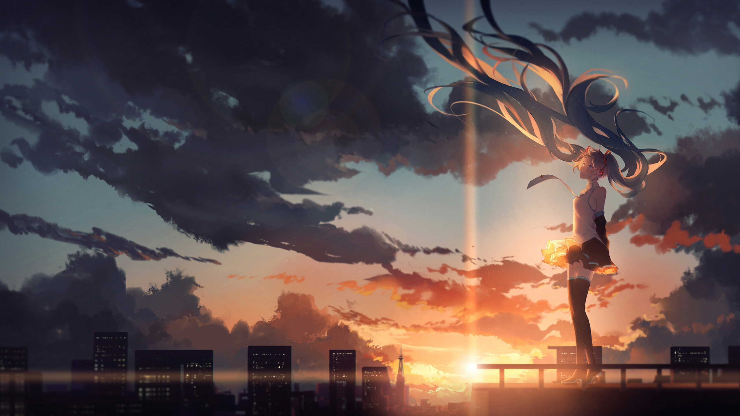 Anime Hatsune Miku Vocaloid Anime Girls Nochek Artwork Clouds City Windy Sunset Sunset Glow Cityscap 2560x1440