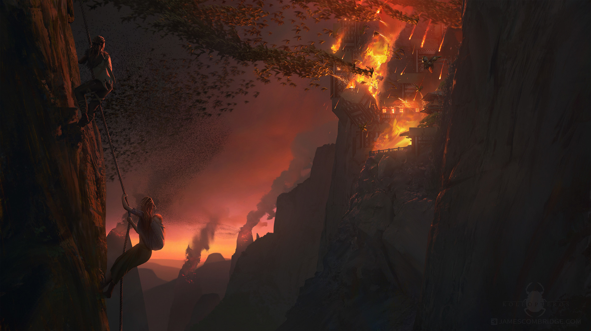 Science Fiction High Tech Ropes Meteor Streak Fire Castle Smoke Sky Mountains 1920x1076