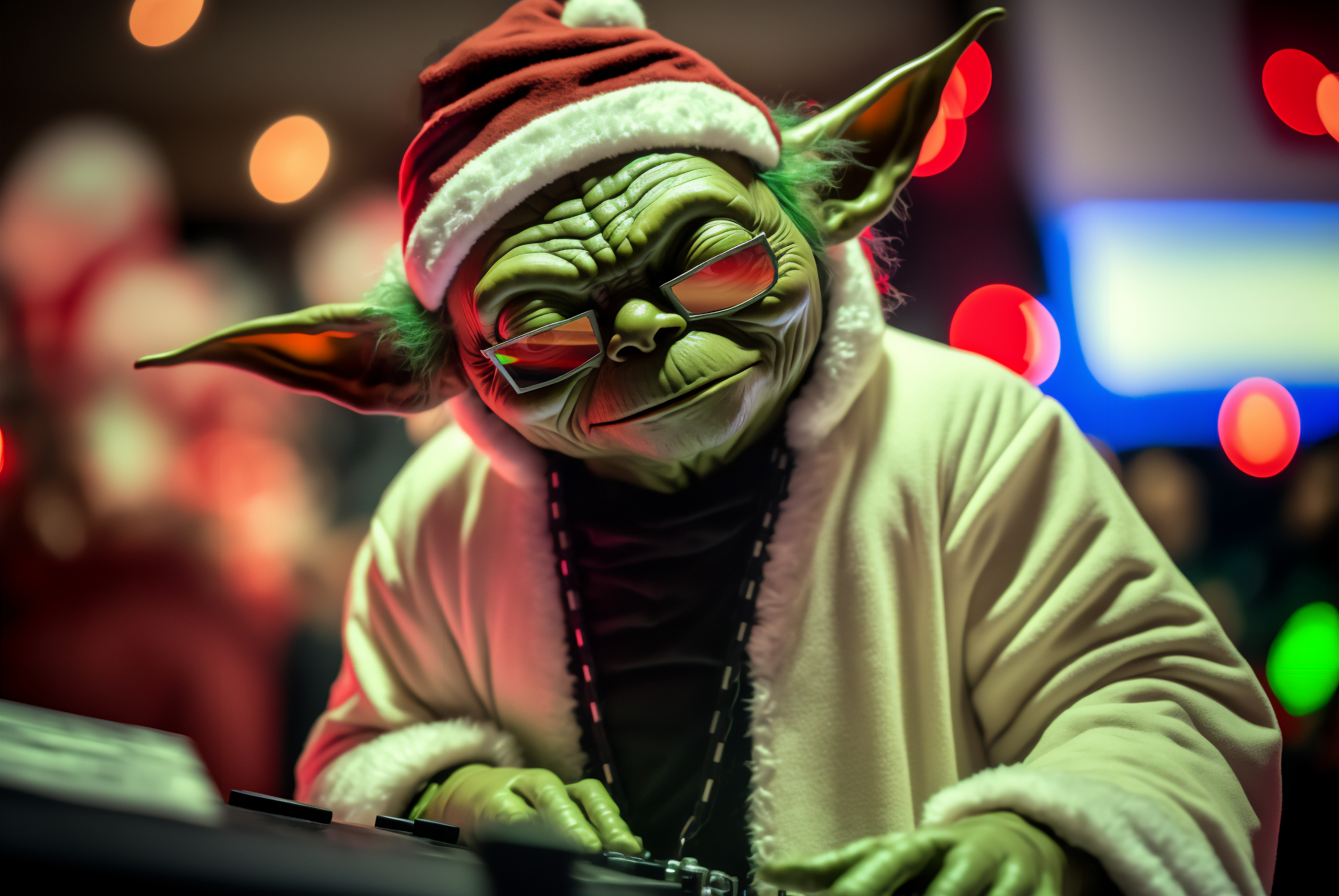 Ai Art Disc Jockey Party Room Bokeh Yoda Star Wars Christmas Santa Hats Lights 3060x2048