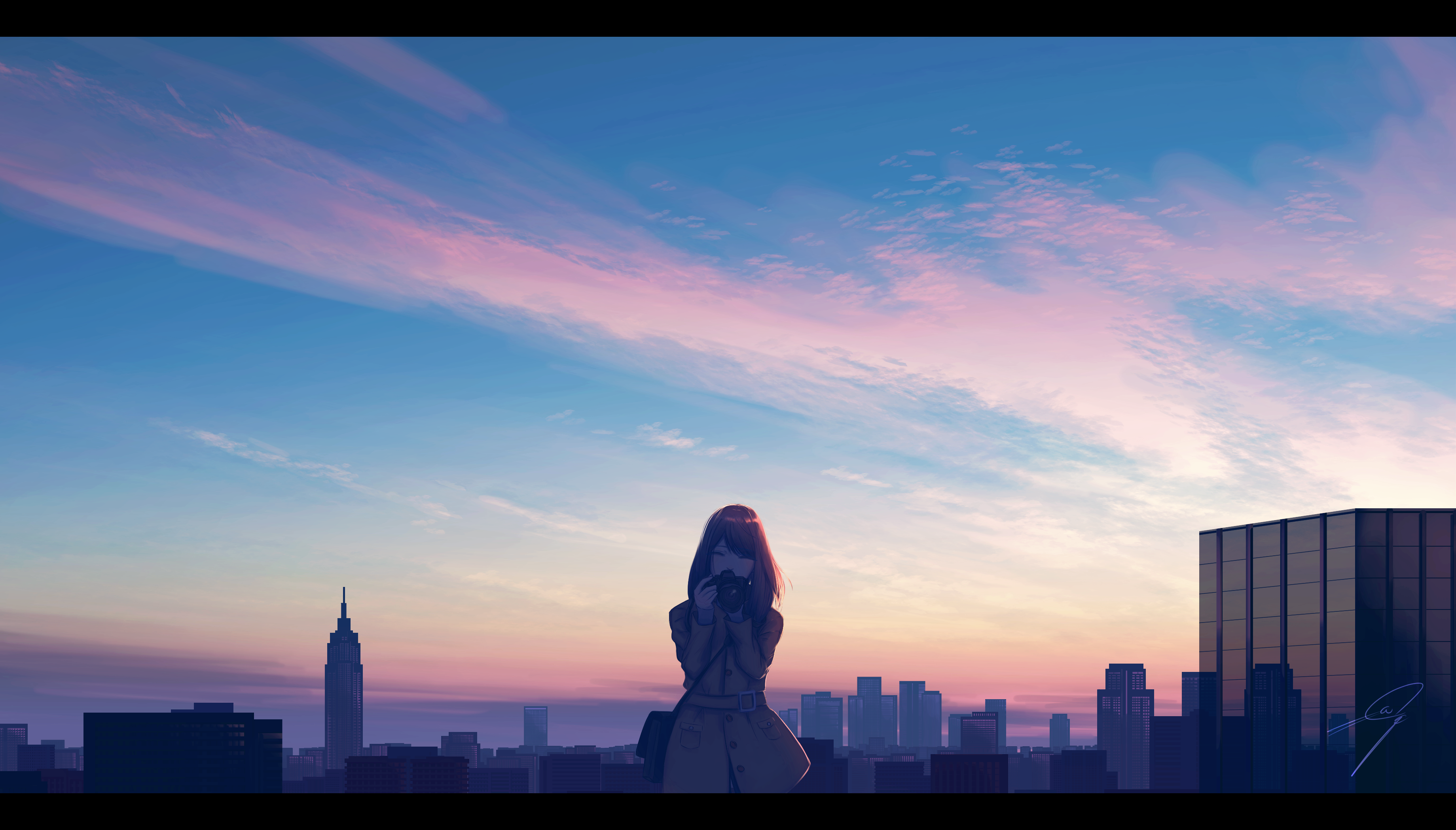 Anime Anime Girls Artwork Twilight Sunset Clouds City Skyline Empire State Building New York City Ma 3680x2100