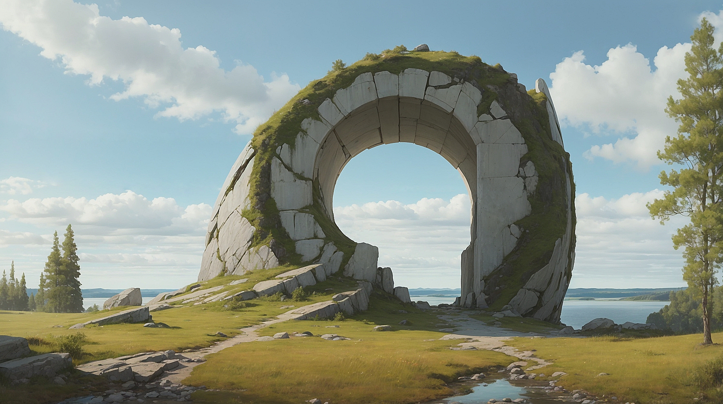 Nature Science Fiction Ruins Landscape Stone Arch Overgrown Rocks Sky Clouds Water Grass Trees 2400x1341