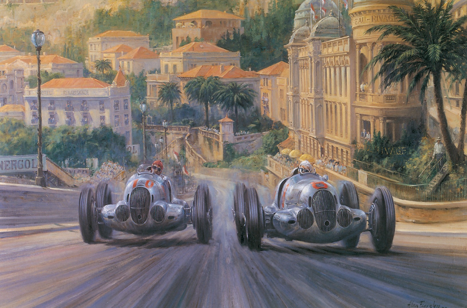 Formula Cars Oil Painting Artwork Alan Fearnley Race Cars Monaco 1937 Mercedes Benz W 125 Palm Trees 1630x1076