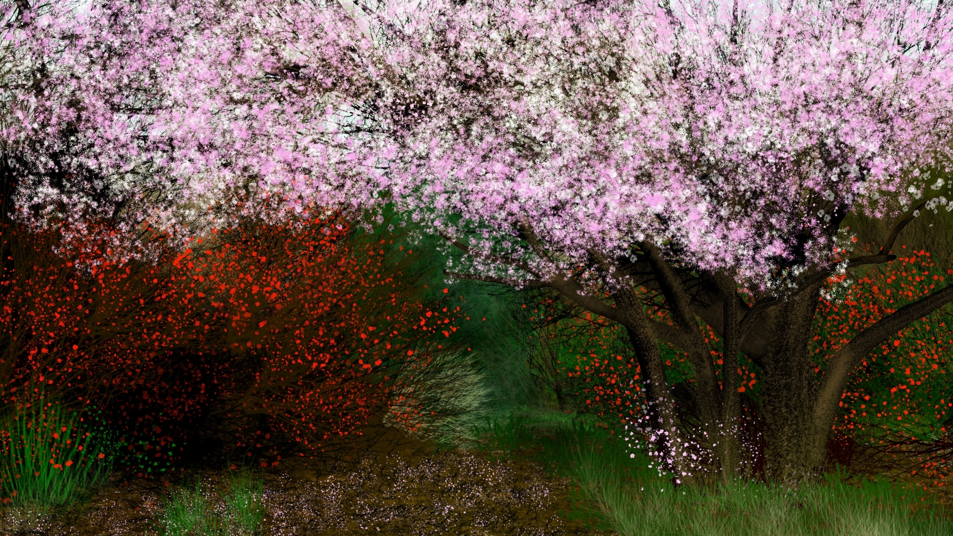 Digital Painting Digital Art Nature Landscape Blossoms Cherry Trees Trees 1920x1080
