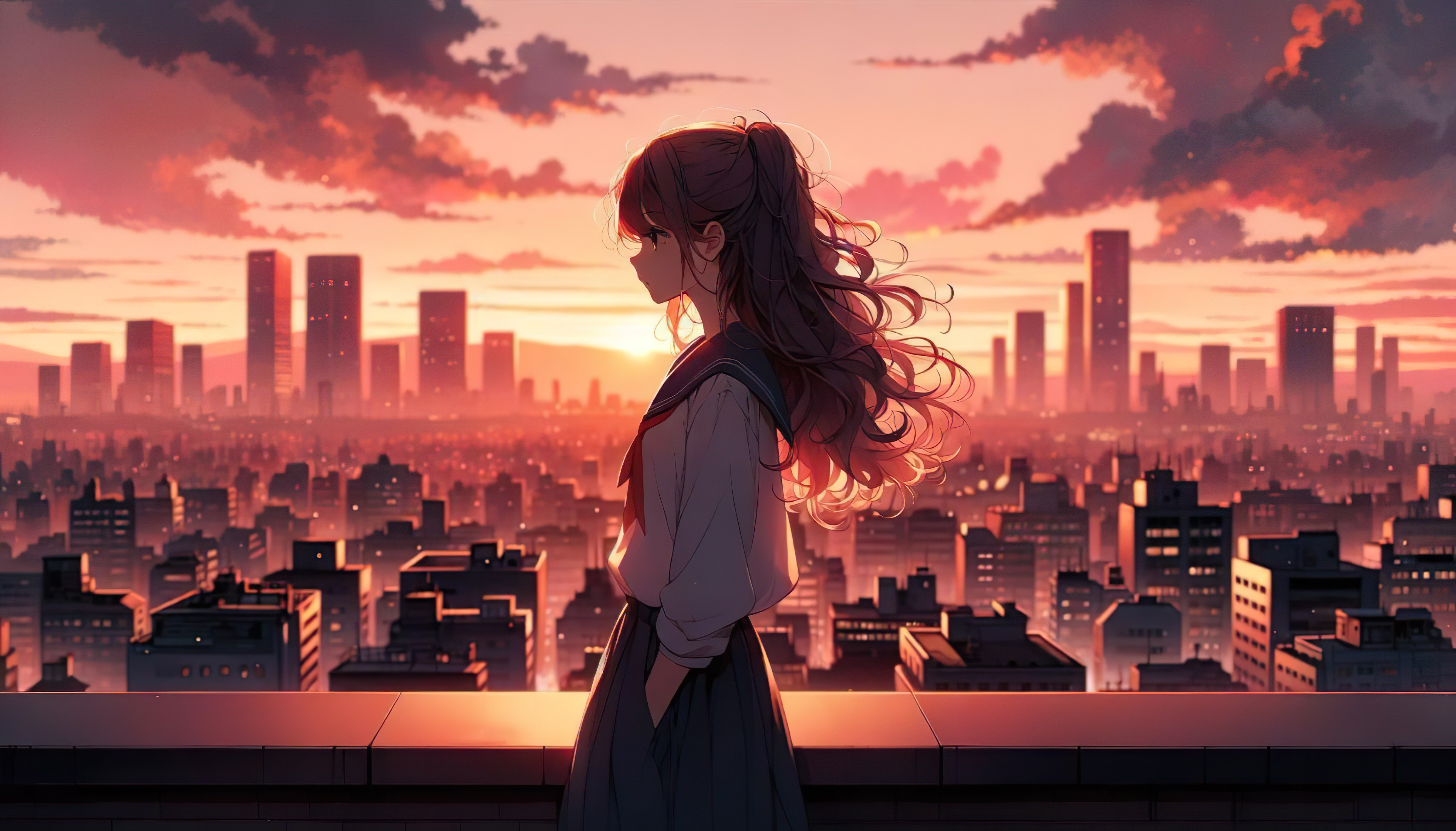 Anime Girls School Uniform Schoolgirl Cityscape Sunset Sunset Glow Hands In Pockets Sky Profile Look 4800x2740