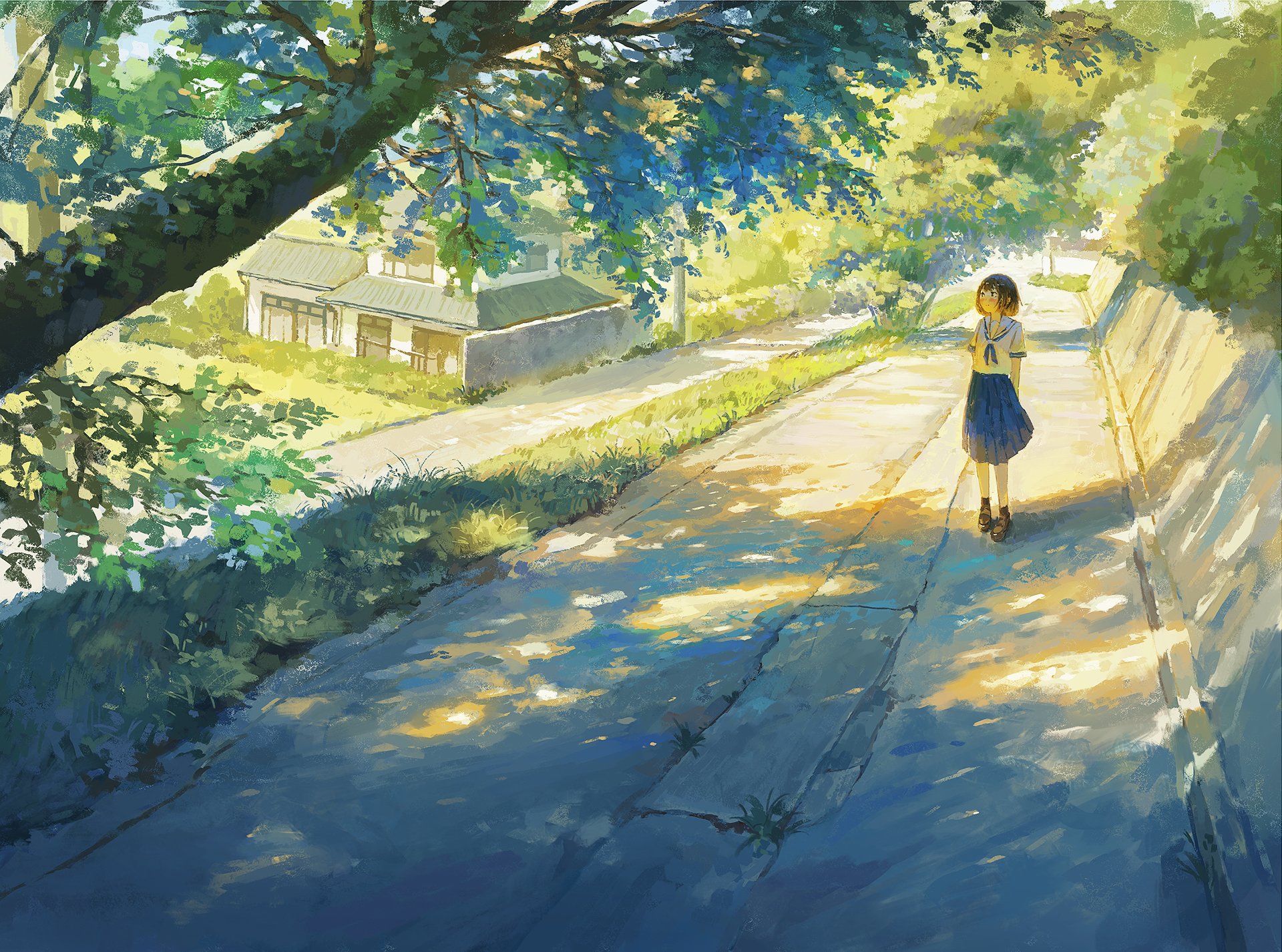 Anime Anime Girls Schoolgirl School Uniform Arms Behind Back Path Looking Away Grass Trees Leaves Na 1920x1426
