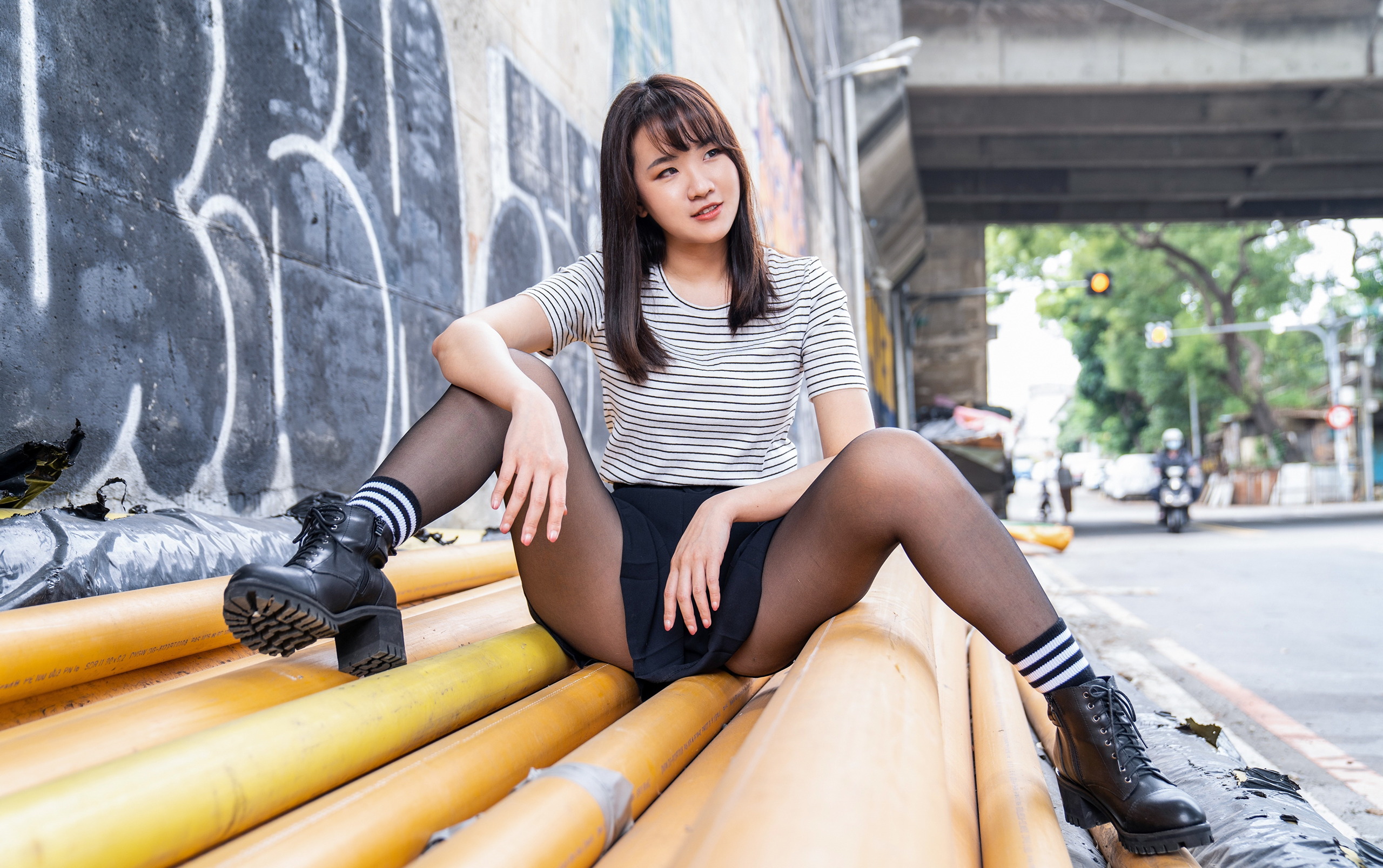 Asian Model Women Long Hair Dark Hair Sitting T Shirt Striped Tops 2560x1608