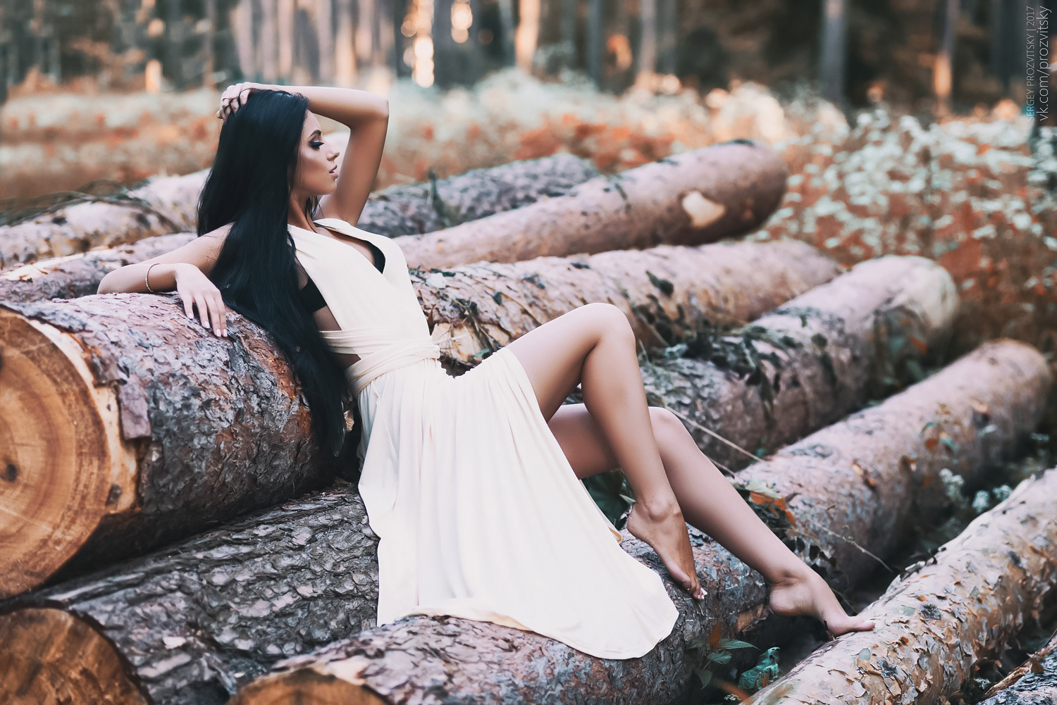 Sergey Prozvitsky Women Dark Hair Long Hair Makeup Dress White Clothing Profile Barefoot Legs Timber 1500x1001