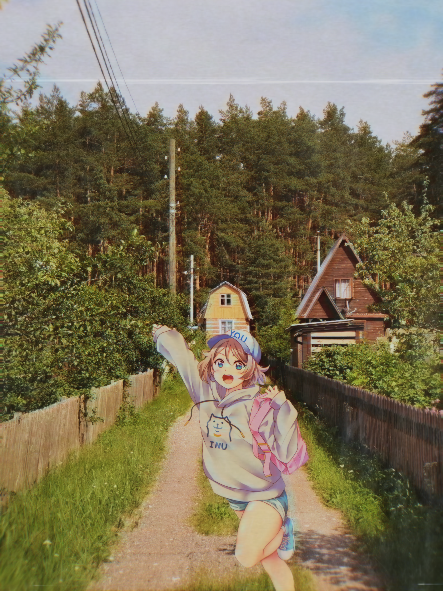 Animeirl Village Joyful White Hoodie House Pathway Anime Girls Hat Looking At Viewer Trees Short Hai 1440x1920