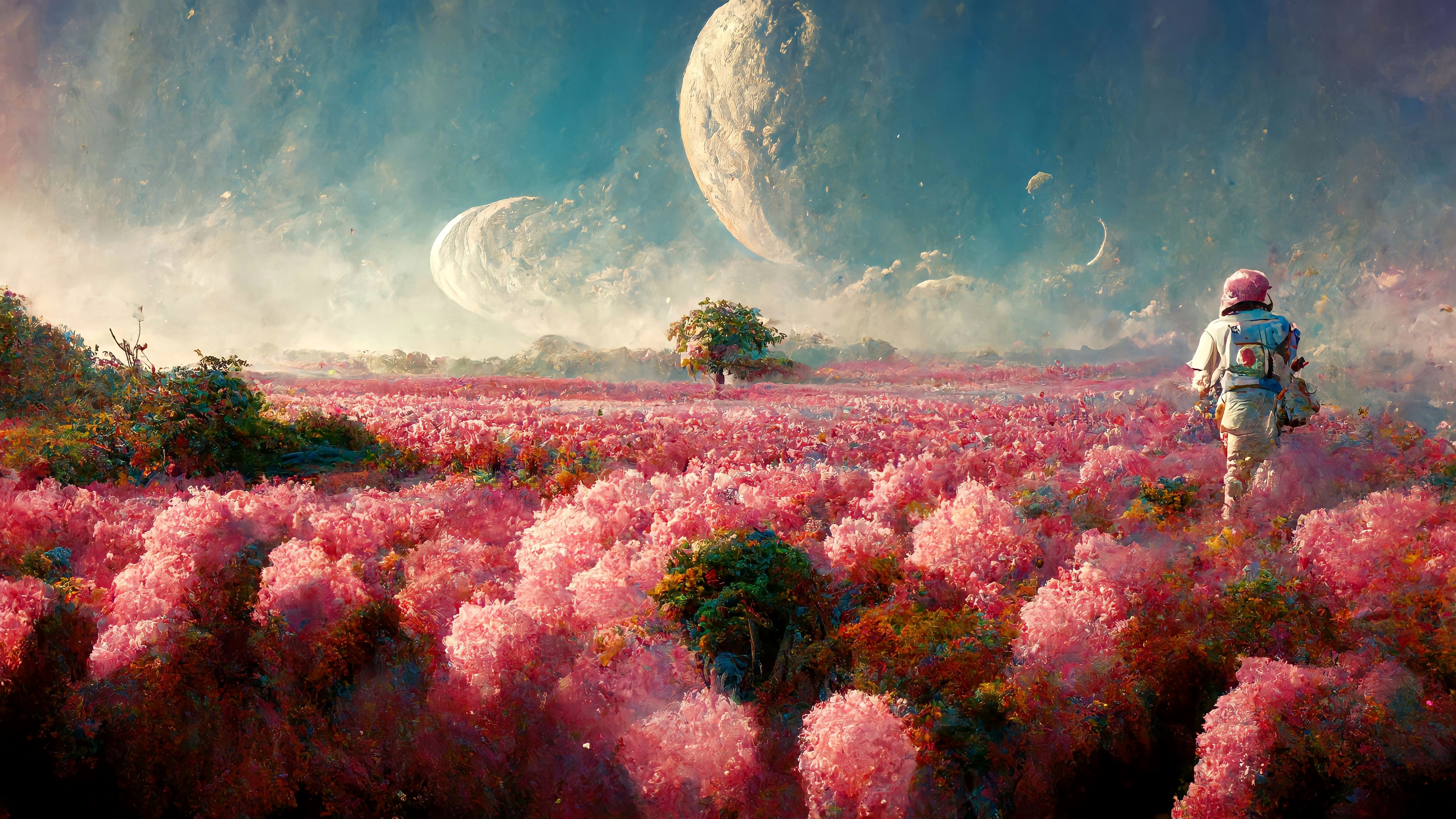 Astronaut Planet Moon Landscape Blossoms Trees Plants Flowers Ai Art 4096x2304