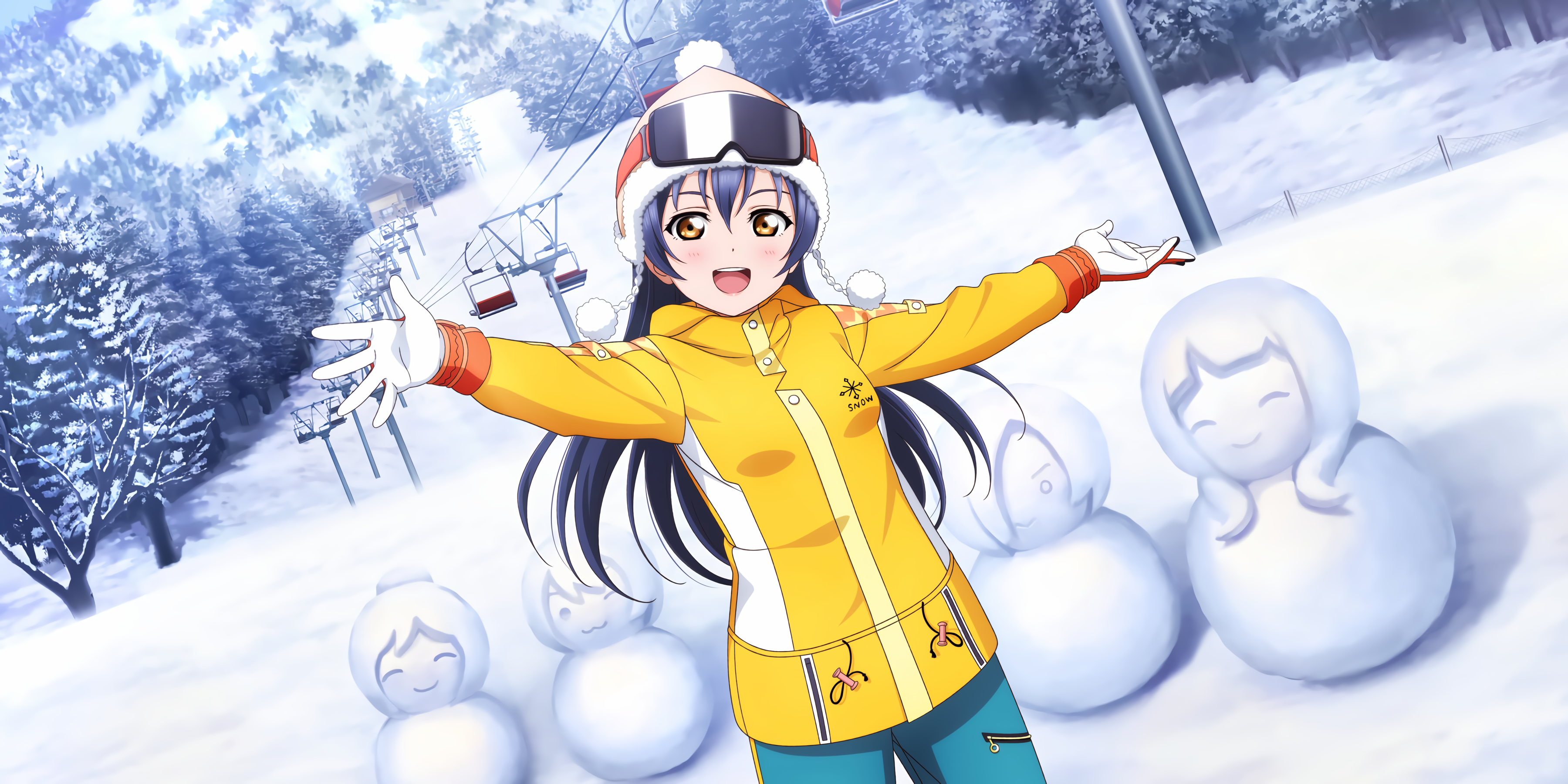 Sonoda Umi Love Live Anime Anime Girls Snow Snowman Trees Hat Gloves 3600x1800
