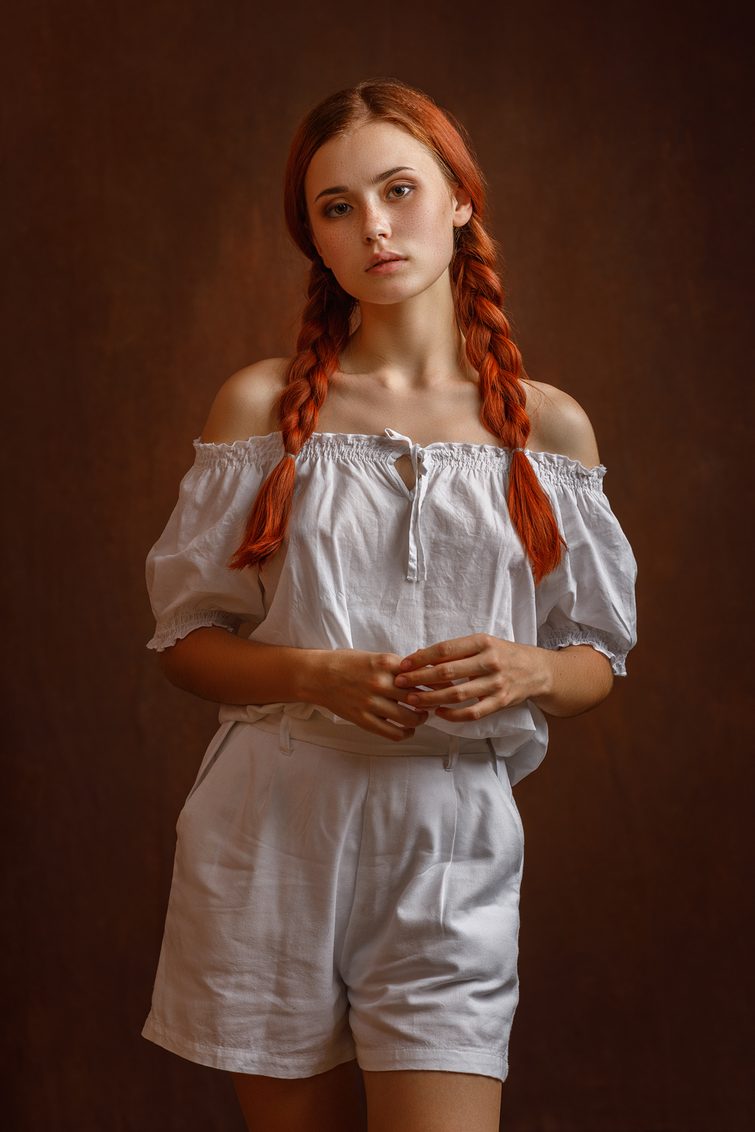 Sergey Sergeev Women Braids White Clothing Simple Background Freckles Twintails Redhead 1080x1620