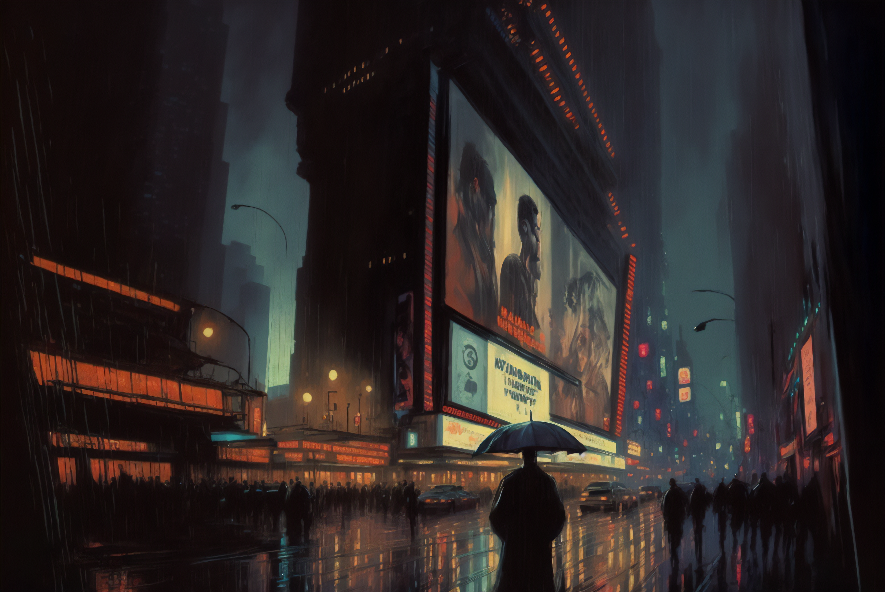 Ai Art Blade Runner Cyberpunk Rain Umbrella Traffic Car City City Lights 3060x2048