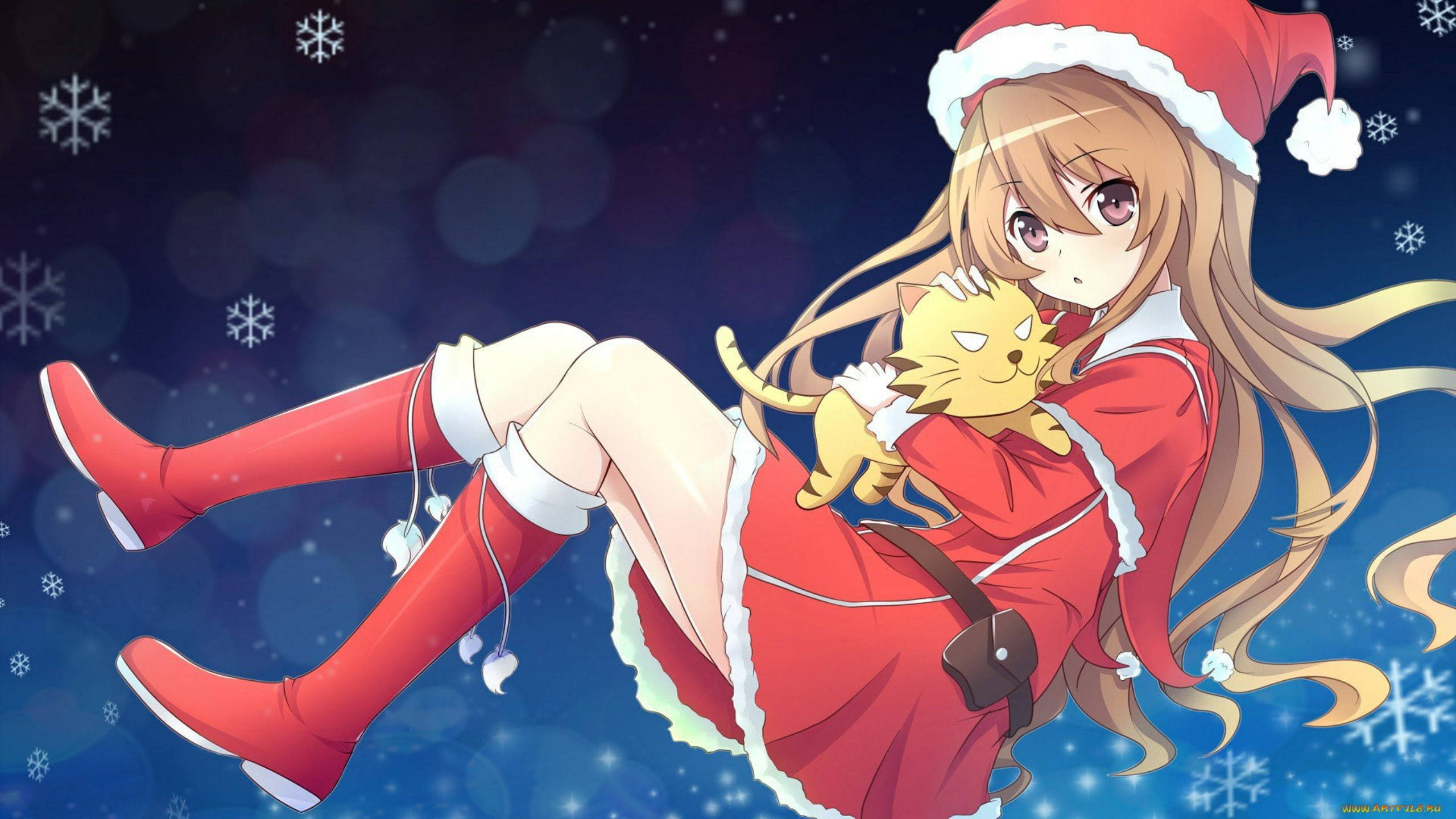 Anime Anime Girls Christmas Christmas Clothes Toradora Aisaka Taiga Tiger Snow Snowflakes Looking At 2560x1440