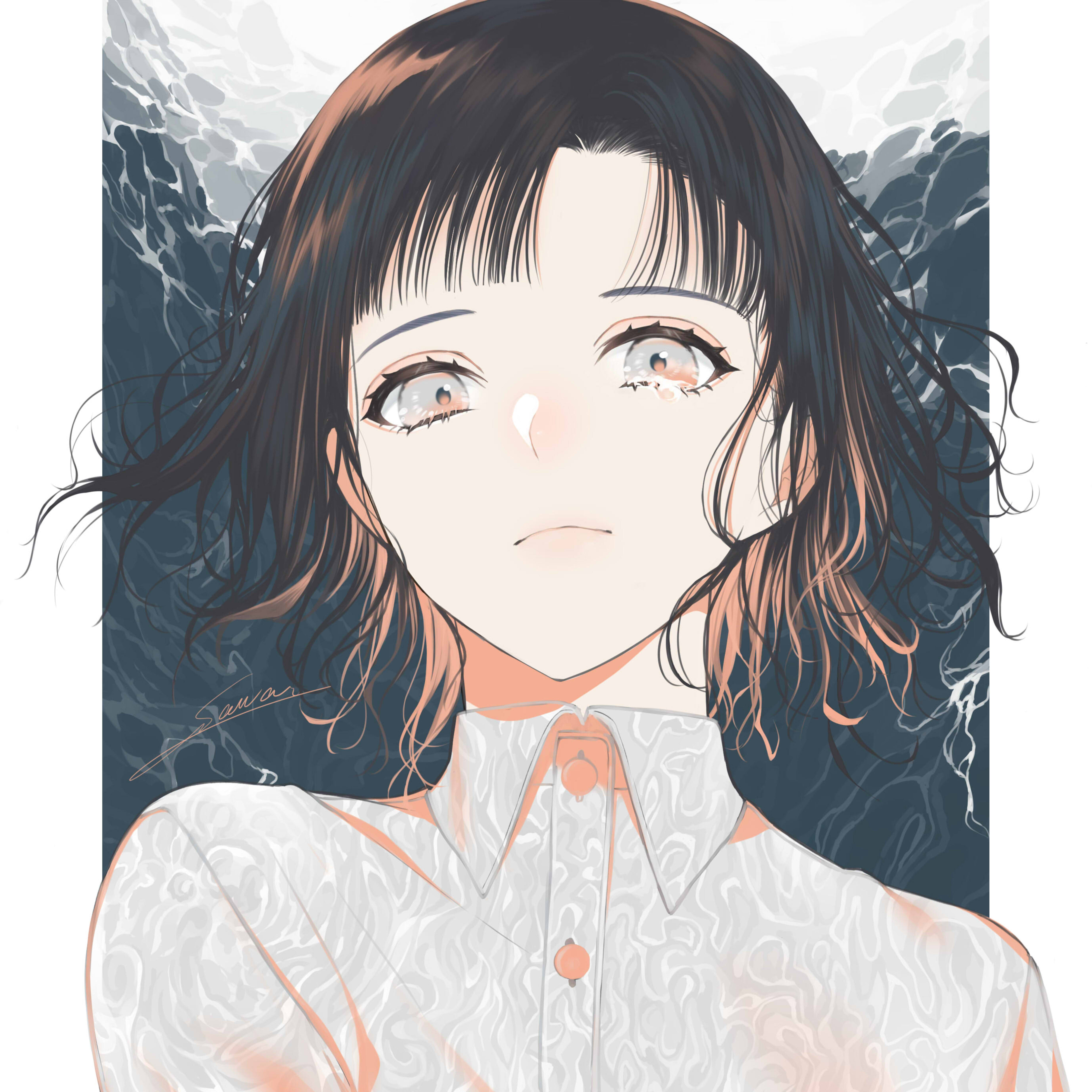 Anime Girls Anime Frown Looking At Viewer Short Hair Black Hair Water Signature Shirt Multi Colored  5000x5000