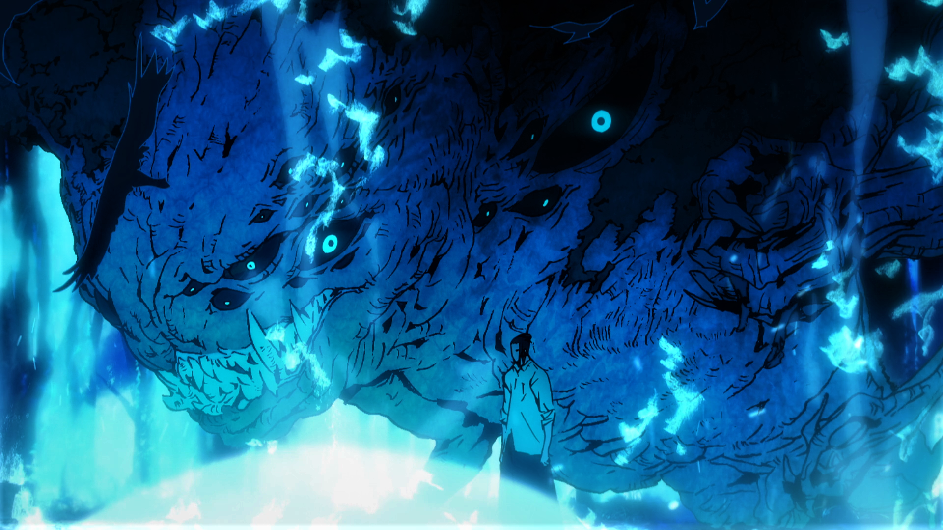 Jujutsu Kaisen Suguru Geto Creature Demon Demon Face Fire Blue Flames Teeth Bun Blue Eyes Anime Anim 1920x1079