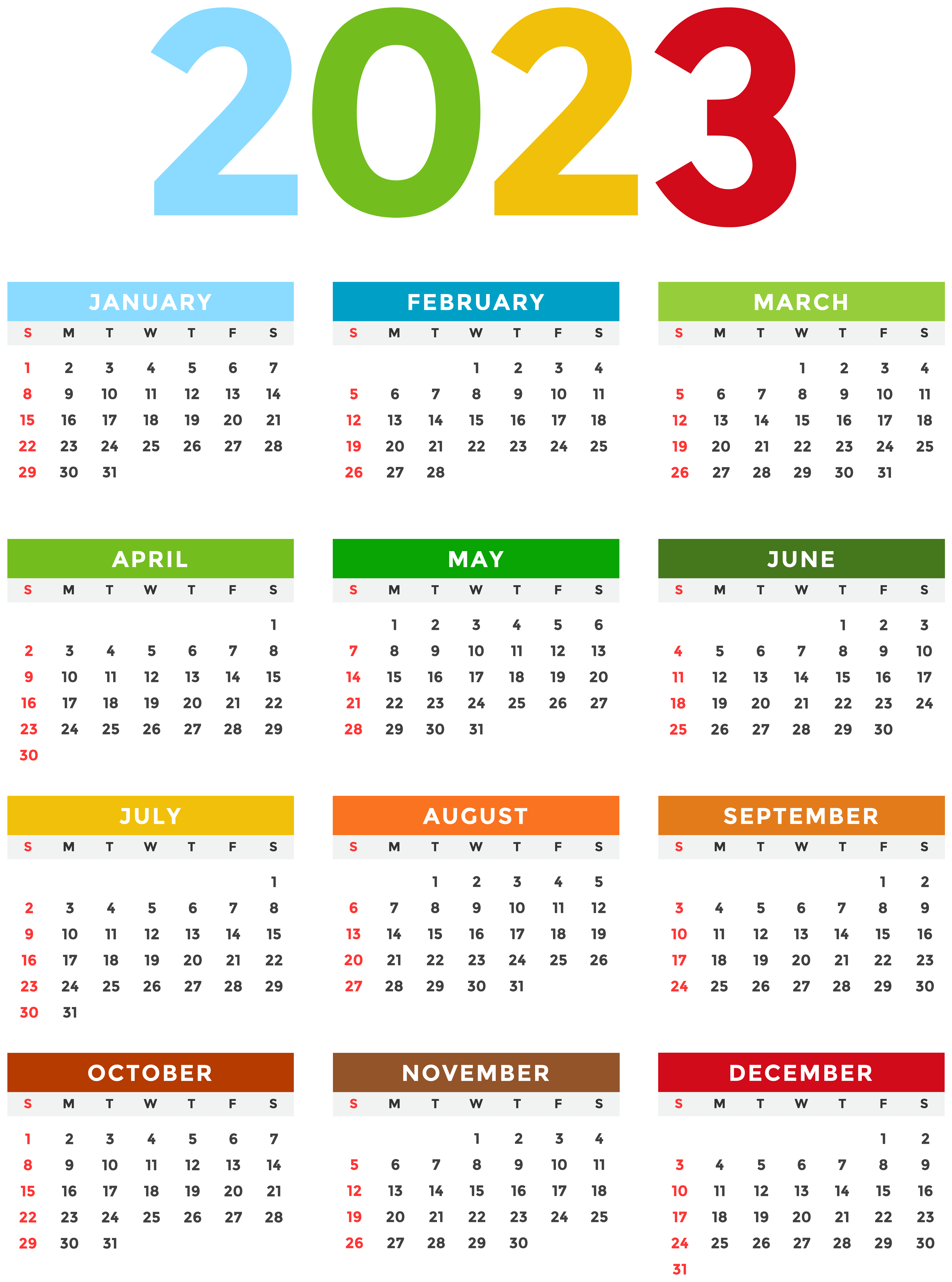 Calendar 2023 Year Transparent Background Month Portrait Display Colorful Numbers New Year 5939x8000