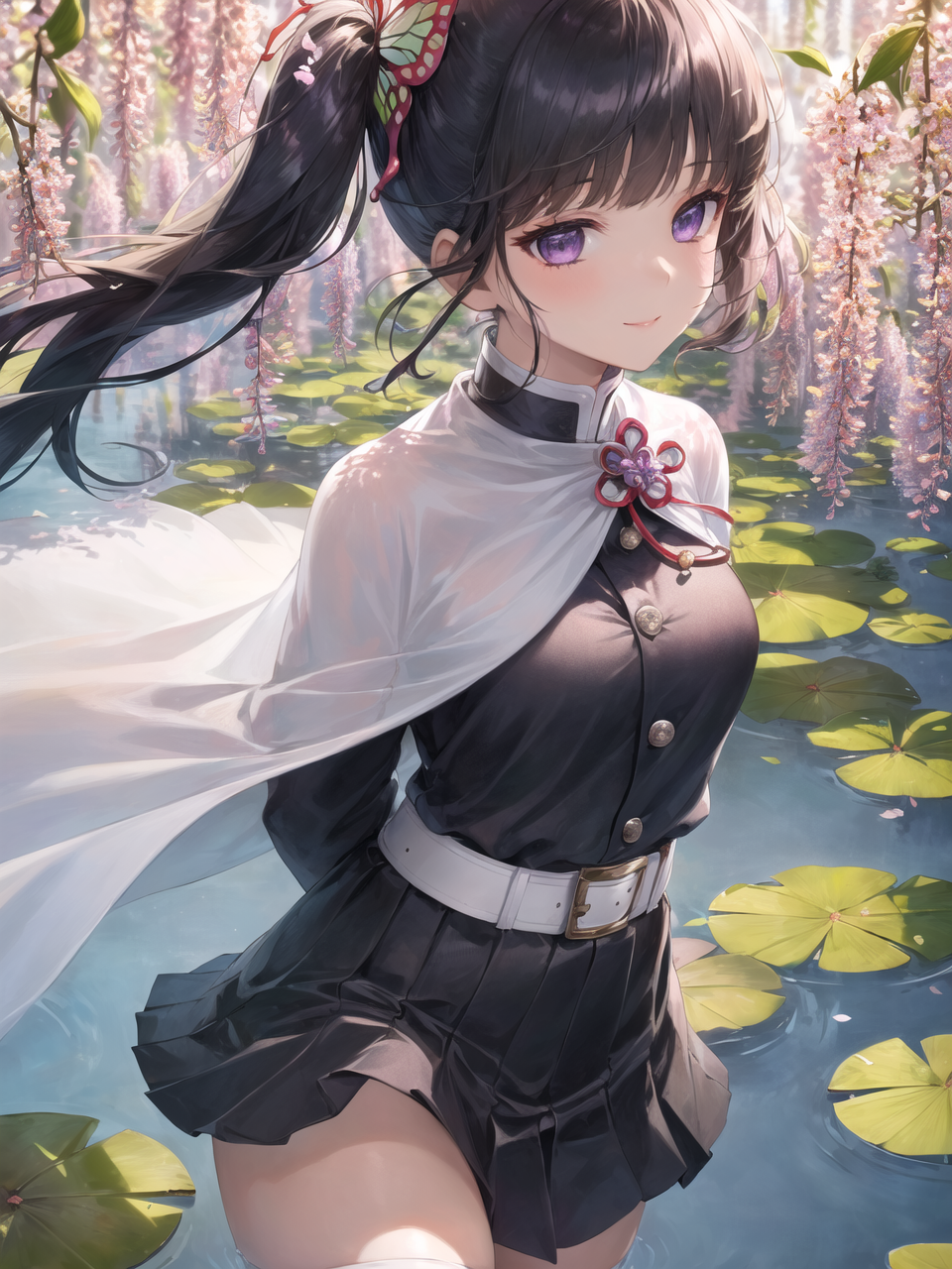 Ai Art Kimetsu No Yaiba Outdoors Black Hair Flowers Water Lilies Wisteria Kanao Tsuyuri Anime Girls  960x1280