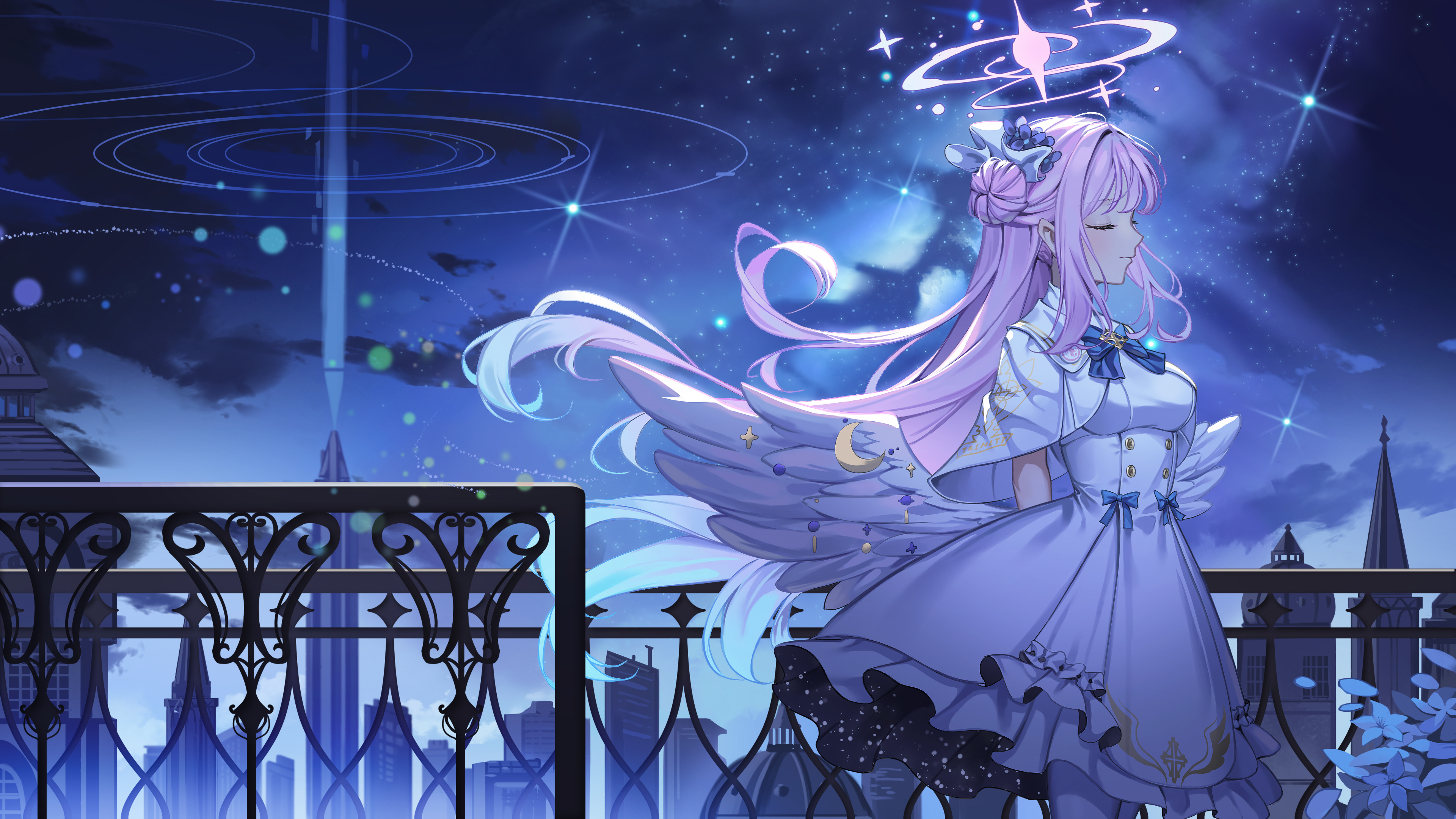 Anime Anime Girls Blue Archive Misono Mika Hairbun Wings Closed Eyes Pink Hair Night Sky Clouds Bow  3840x2160