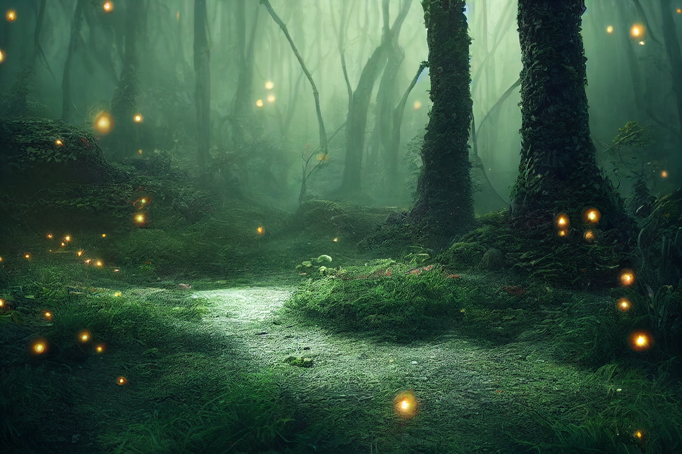 Fireflies Forest Moss Artwork Nature Trees Ai Generated 2304x1536