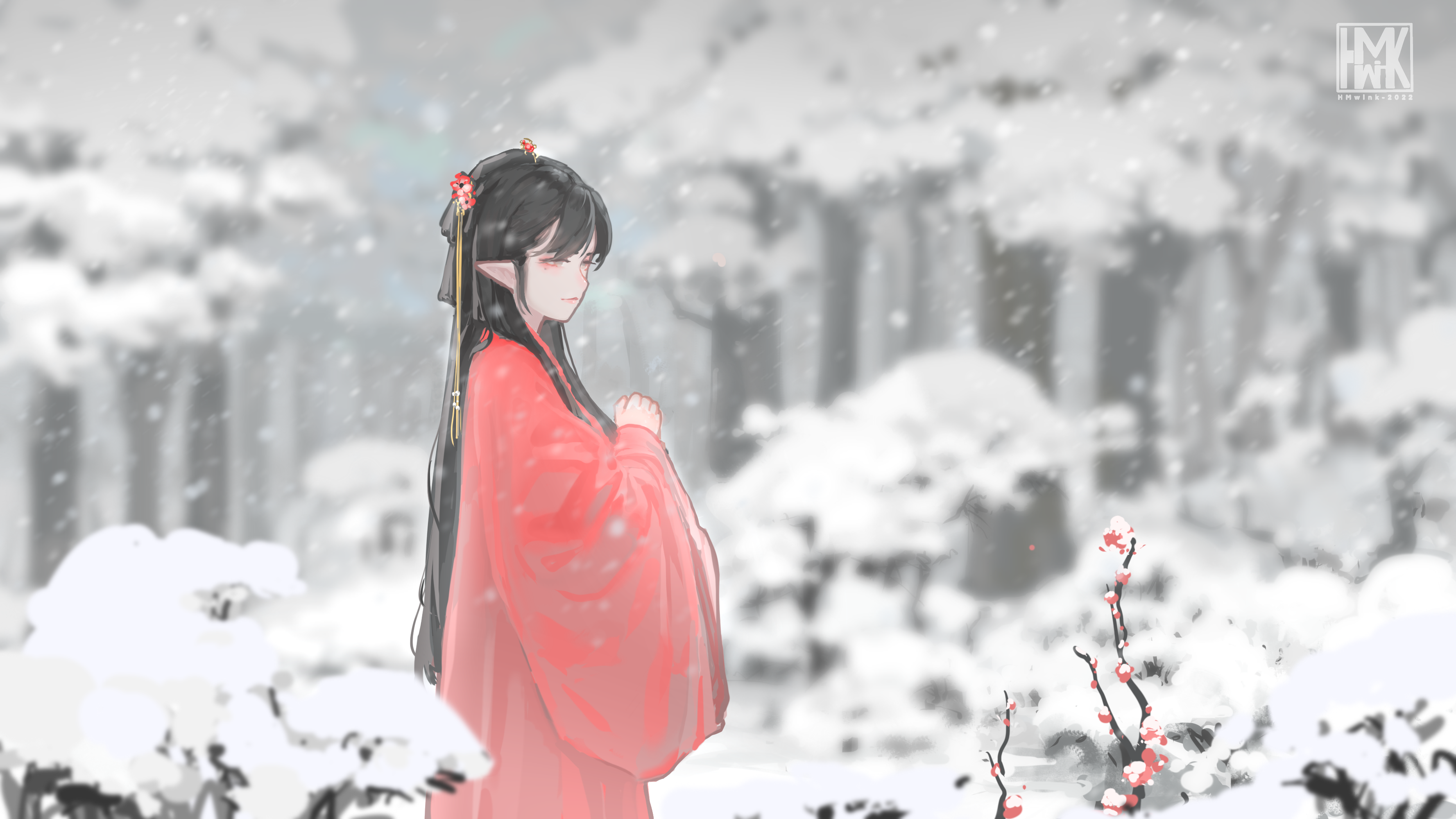 Hua Ming Wink Original Characters Anime Chinese Clothing Snow Plum Blossom Long Hair 3555x2000