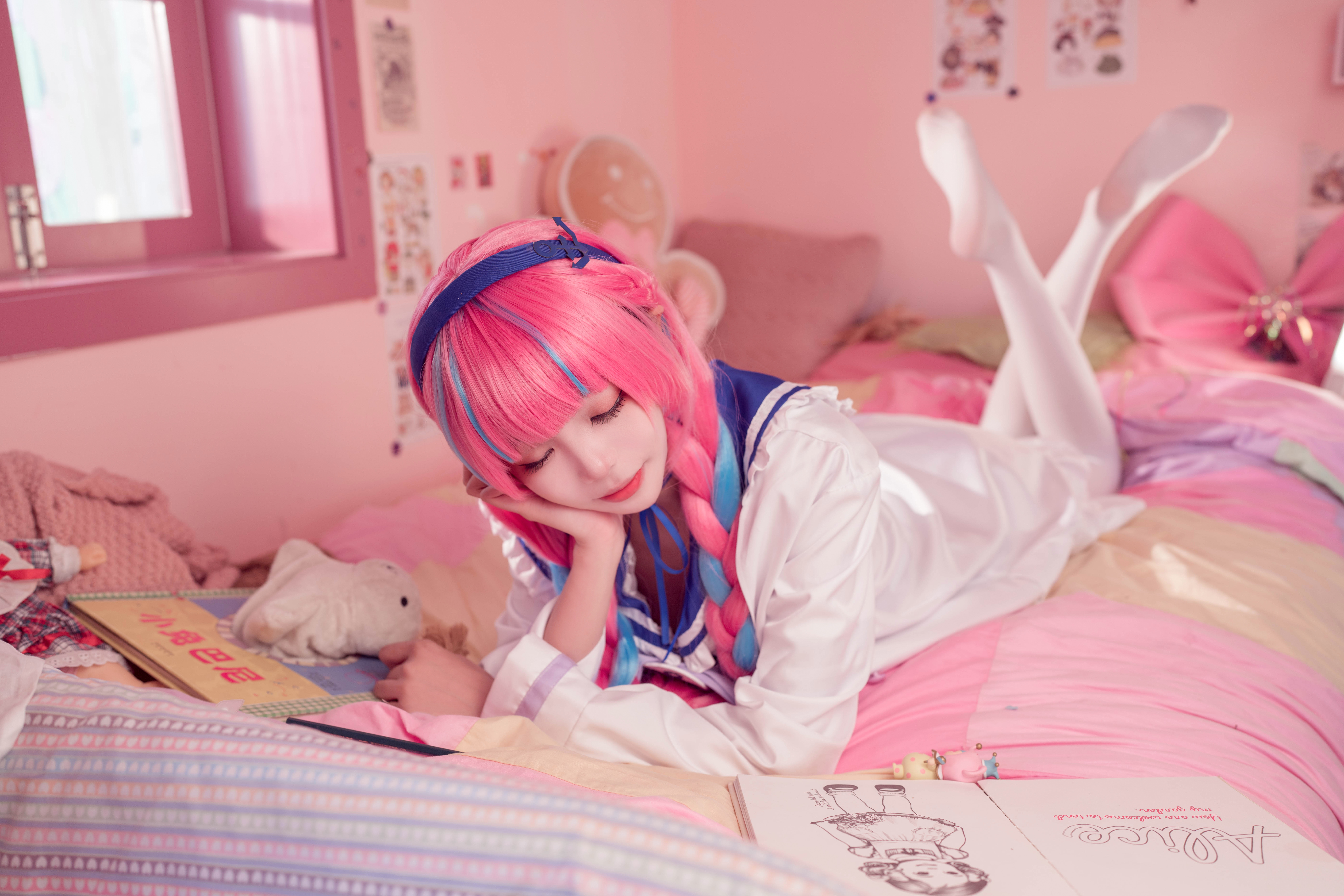 Minato Aqua Pink Hair Asian Cosplay Legs Maid Outfit Closed Eyes Feet In Bed Indoors Pale 7952x5304