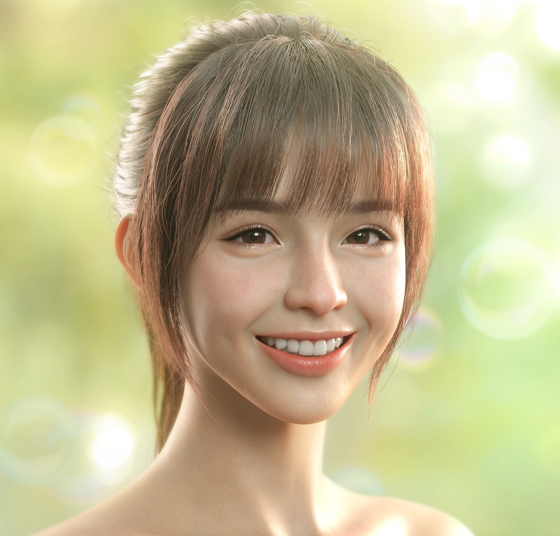 Euginnx Wu CGi Women Asian Brunette Bangs Makeup Eyeliner Portrait Smiling Simple Background People 1920x1836
