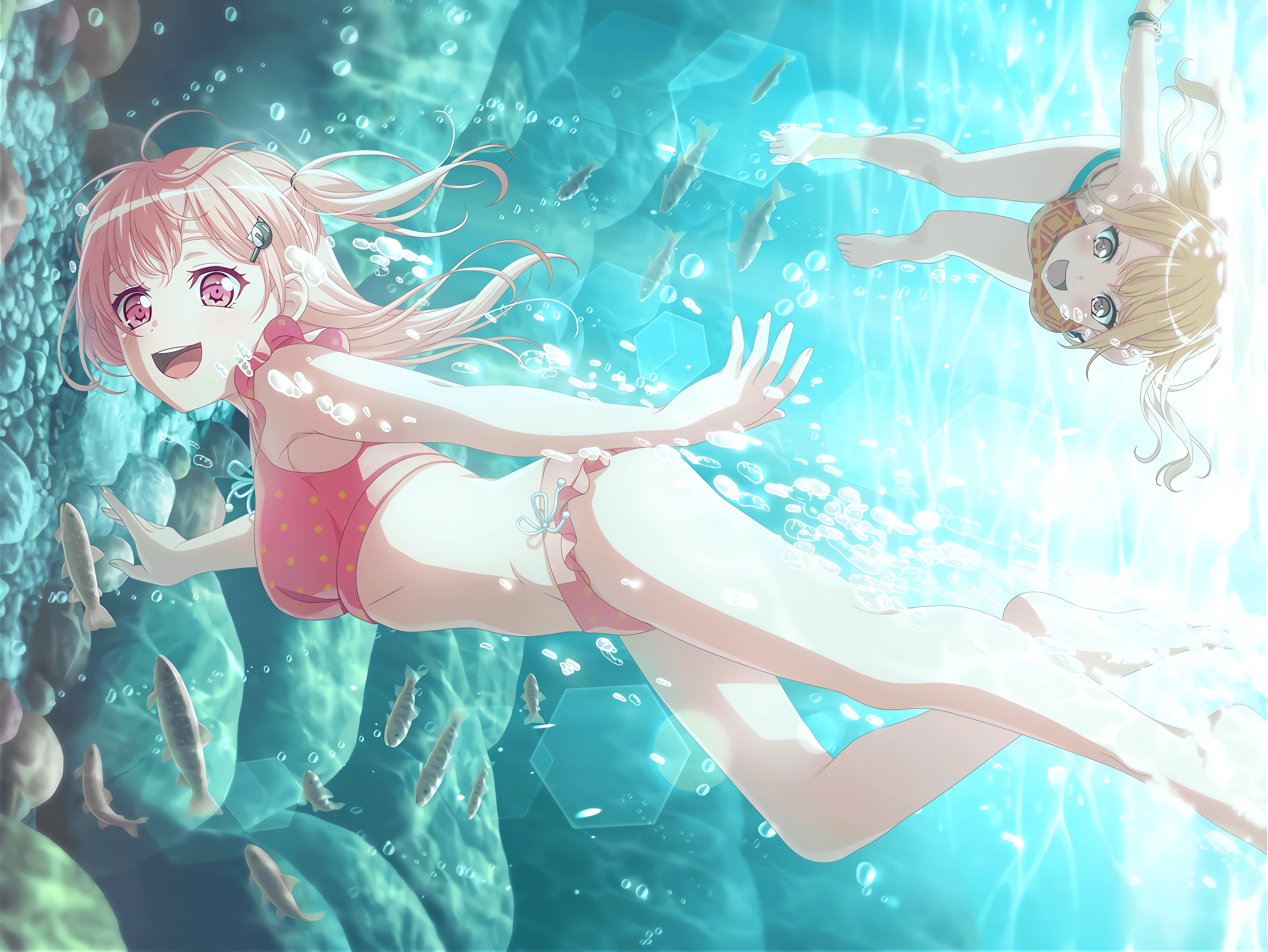 Anime BanG Dream Anime Girls Nanami Hiromachi Bubbles Water In Water Swimming Fish Looking At Viewer 5336x4008