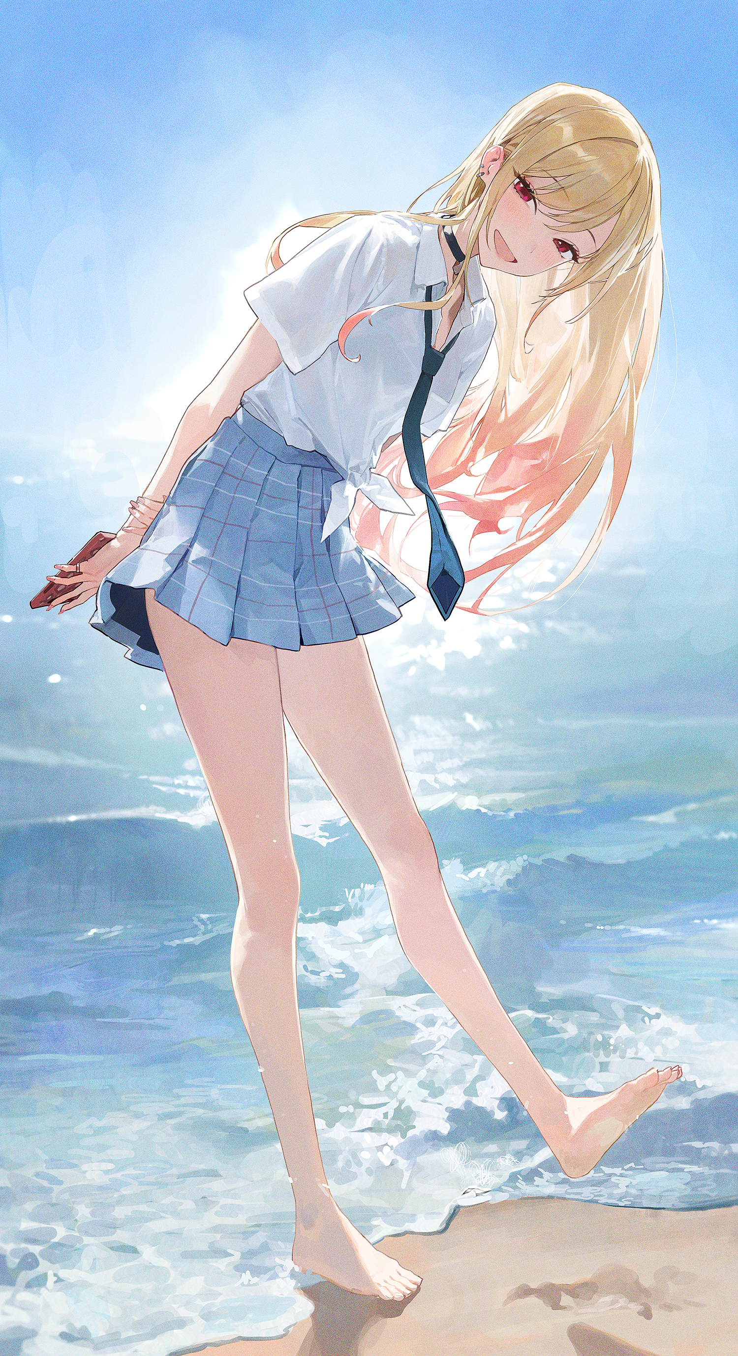 Anime Girls Kitagawa Marin Sono Bisque Doll Wa Koi Wo Suru School Uniform Beach Water 1500x2757