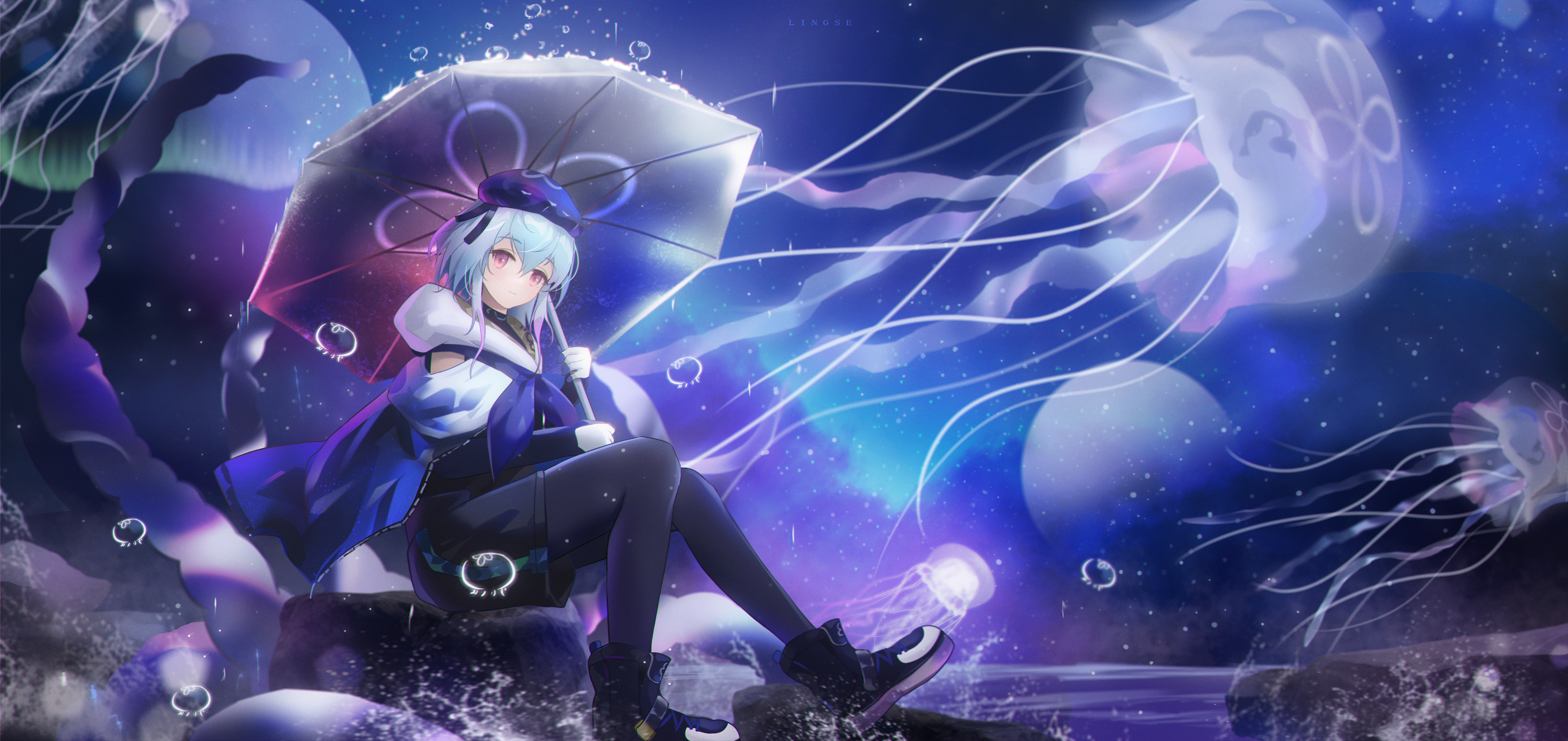 Anime Artwork Anime Girls Umbrella Jellyfish Stars 5500x2600