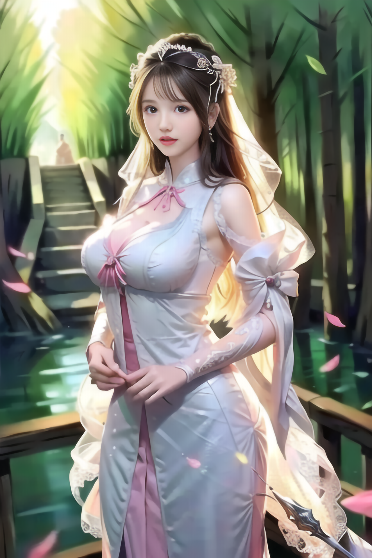 China China Space Station Vertical Asian Women Looking At Viewer Water Petals Stairs Dress 1280x1920