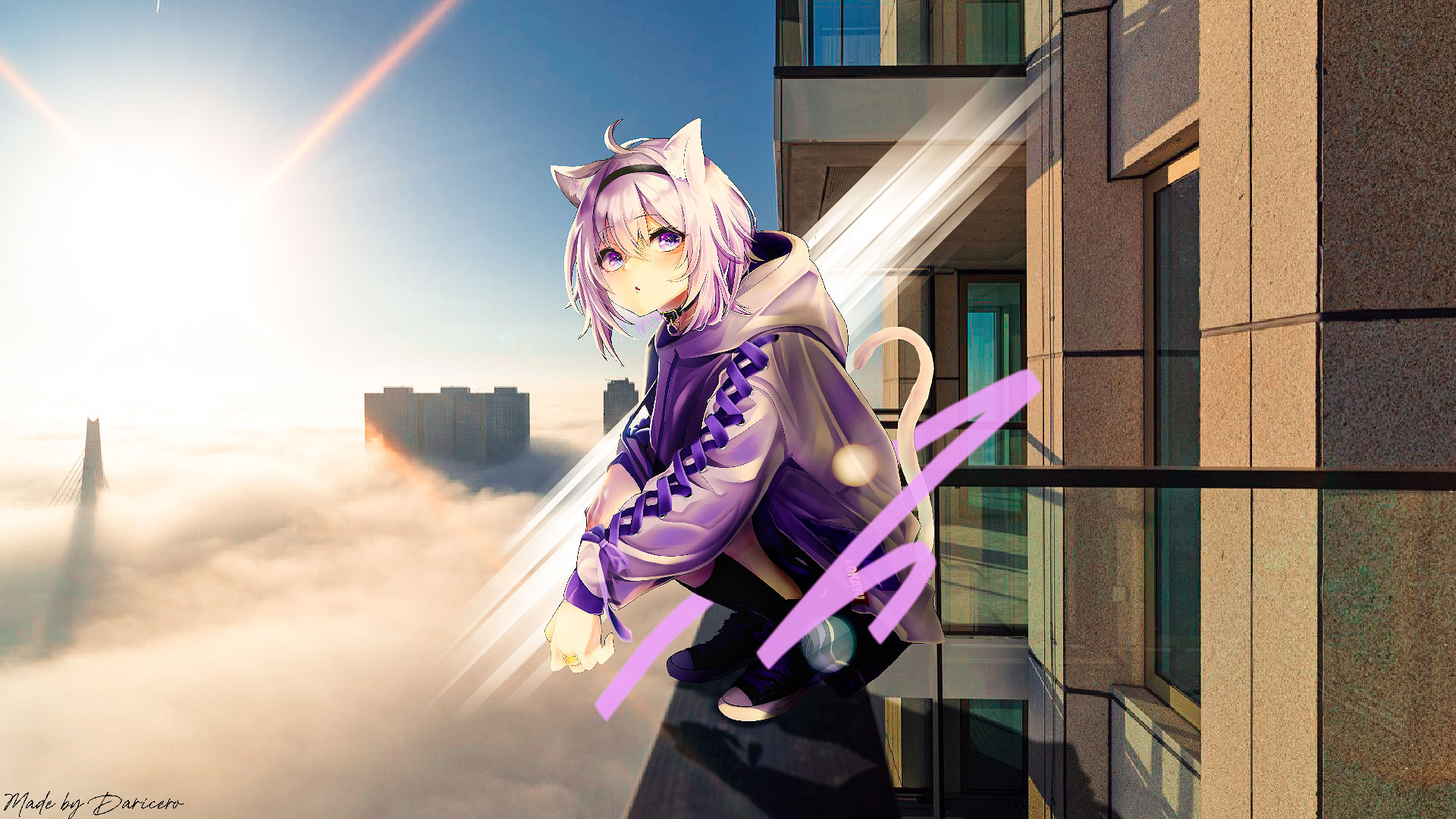 Nekomata Okayu Hololive Cat Girl Skyscraper Purple Eyes Anime Girls Cat Ears Cat Tail 1920x1080