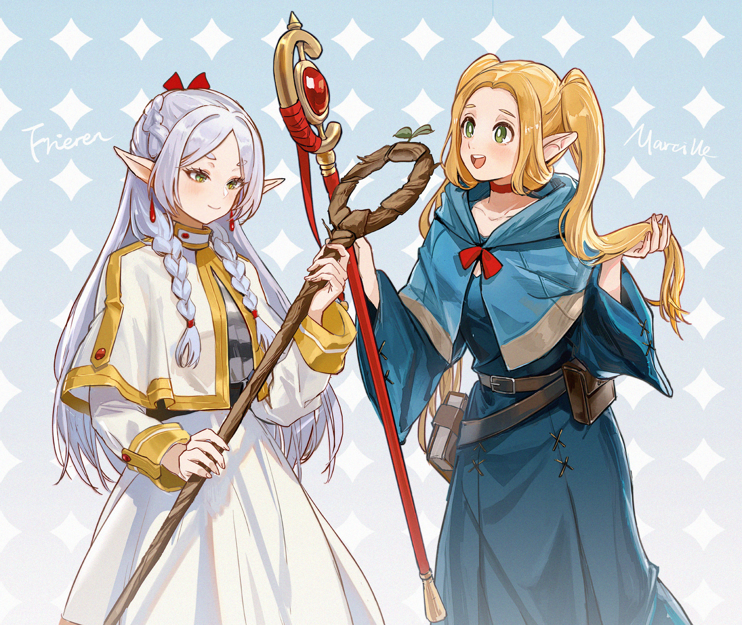 Sousou No Frieren Frieren Delicious In Dungeon Staff Marcille Two Women Pointy Ears White Hair Long  1500x1263