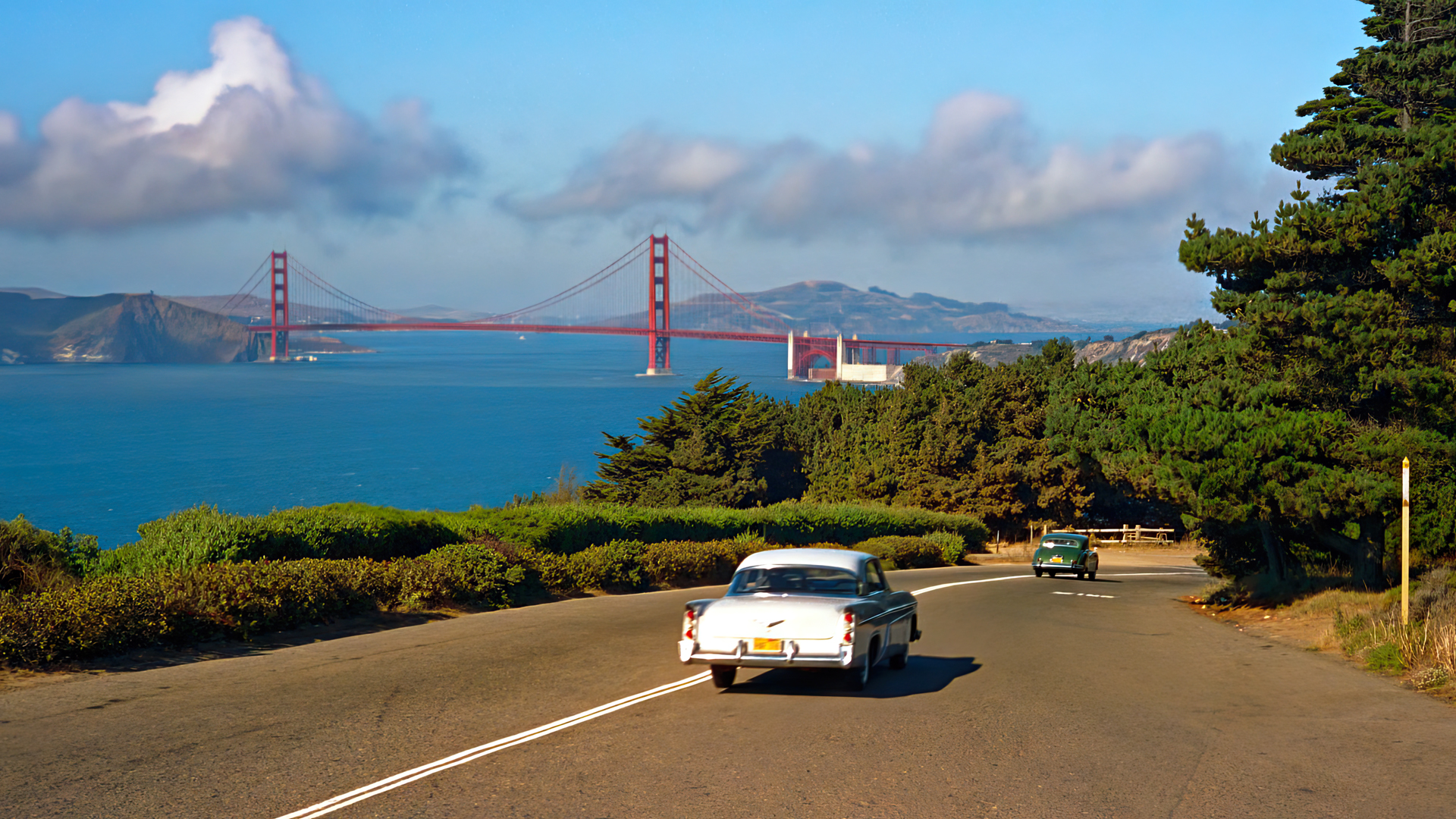 Vertigo Movies Film Stills Bridge Golden Gate Bridge Water Old Car Road Clouds Sky San Francisco Tre 1920x1080