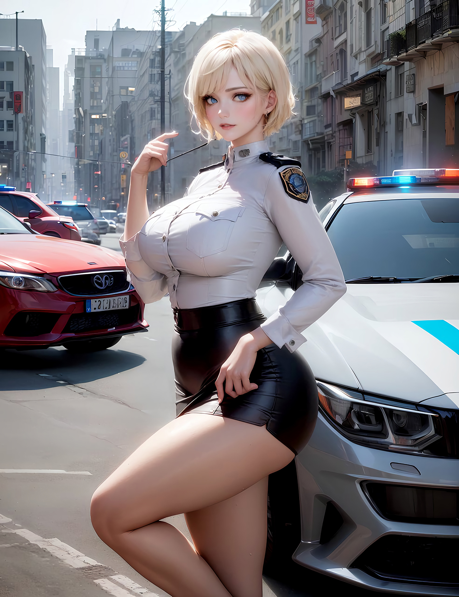 Women Blonde Ai Art Digital Art Police Women Police Blue Eyes Police Costume Street City Vehicle Car 1476x1920