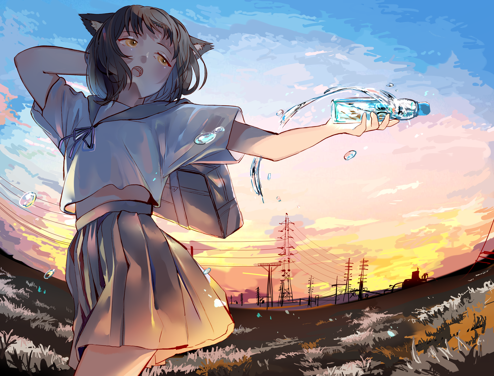 2D Anime Girls Schoolgirl School Uniform Water Bottle Water Cat Girl Cat Ears Sunset Glow 1920x1463