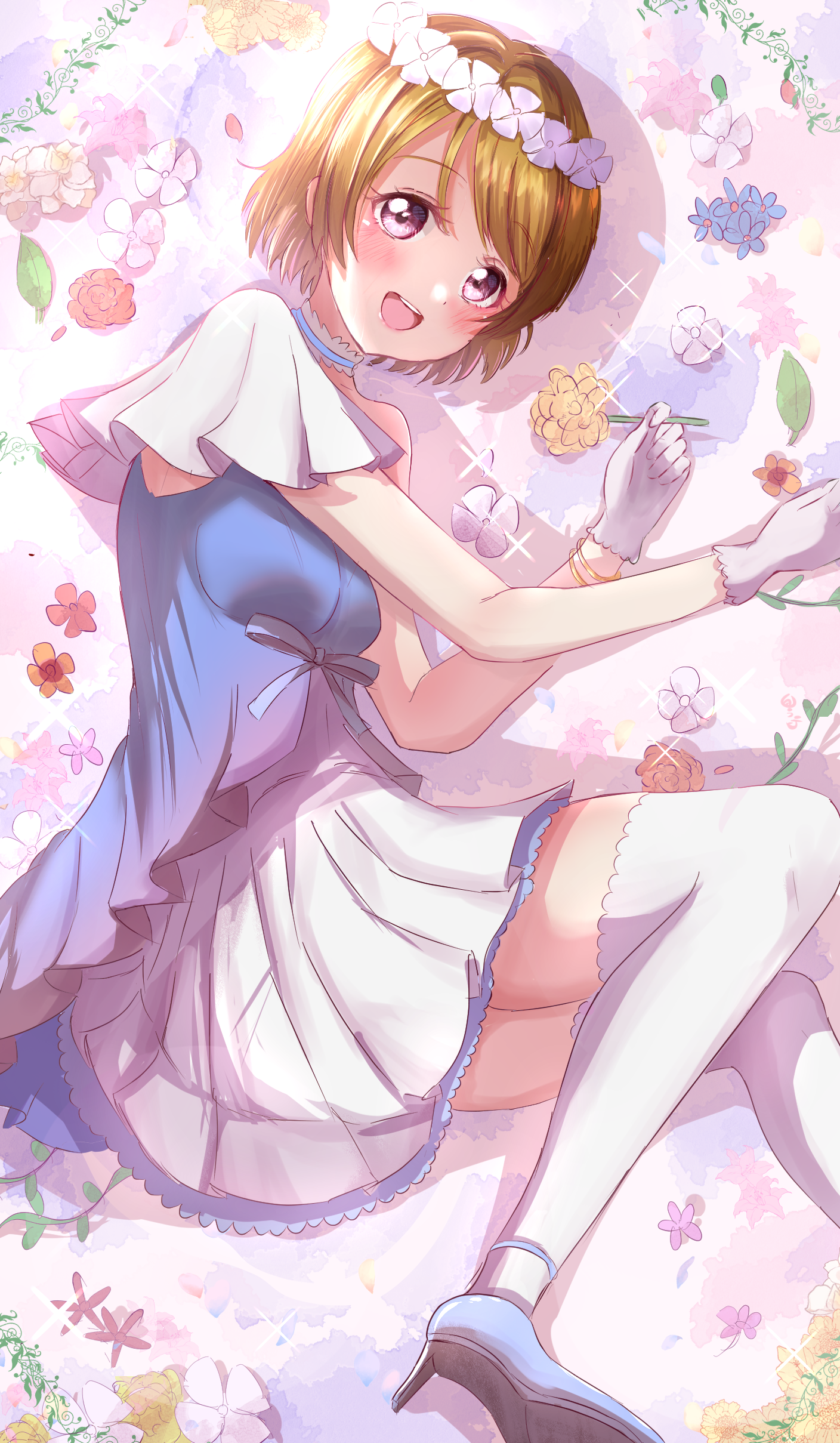 Anime Girls Heels Love Live Koizumi Hanayo Vertical Blushing Flowers Petals Leaves Lying On Side Flo 1408x2418