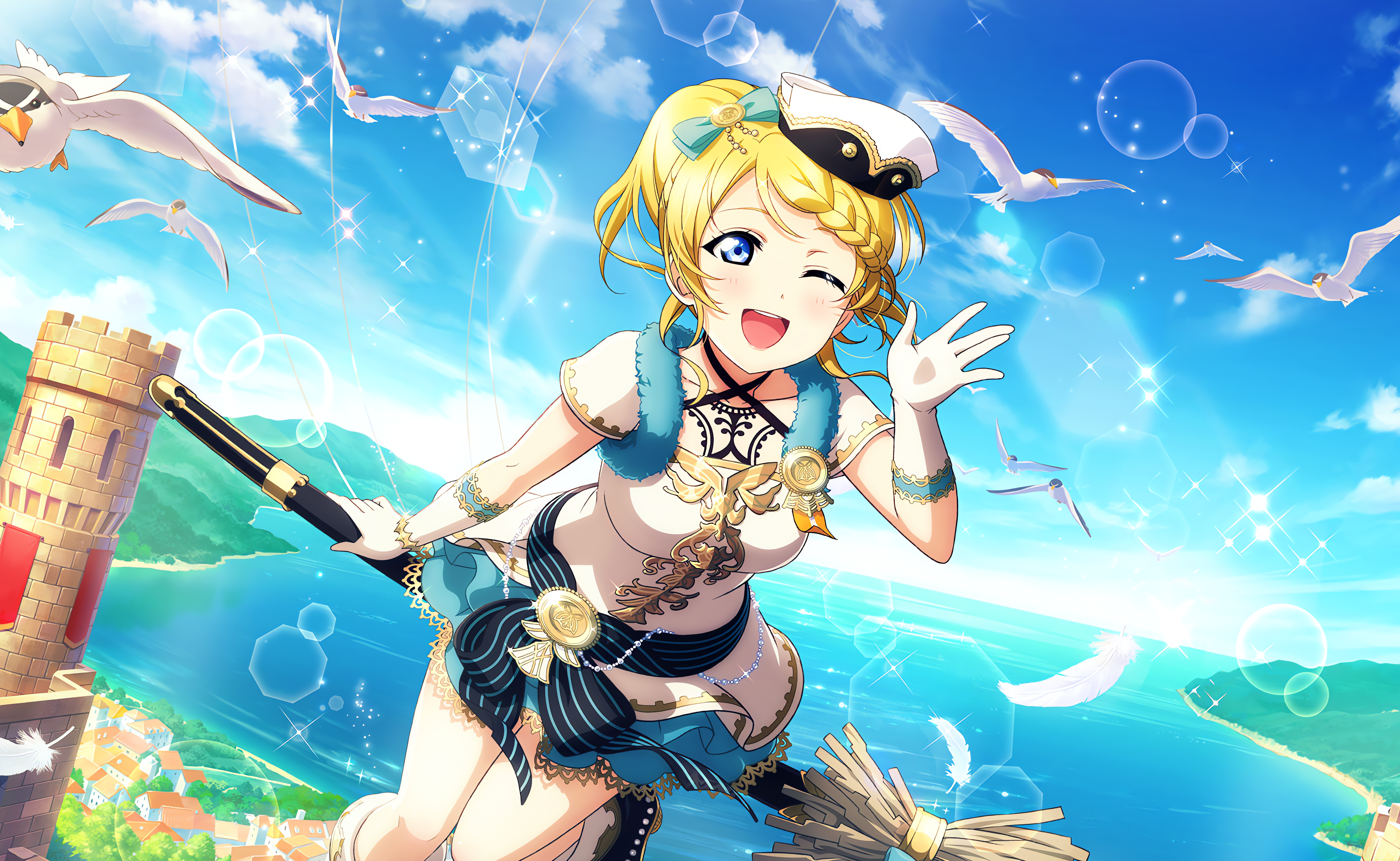 Ayase Eli Love Live Anime Anime Girls Sky Clouds Water Dress Bow Tie Gloves Open Mouth Braids Birds  4096x2520