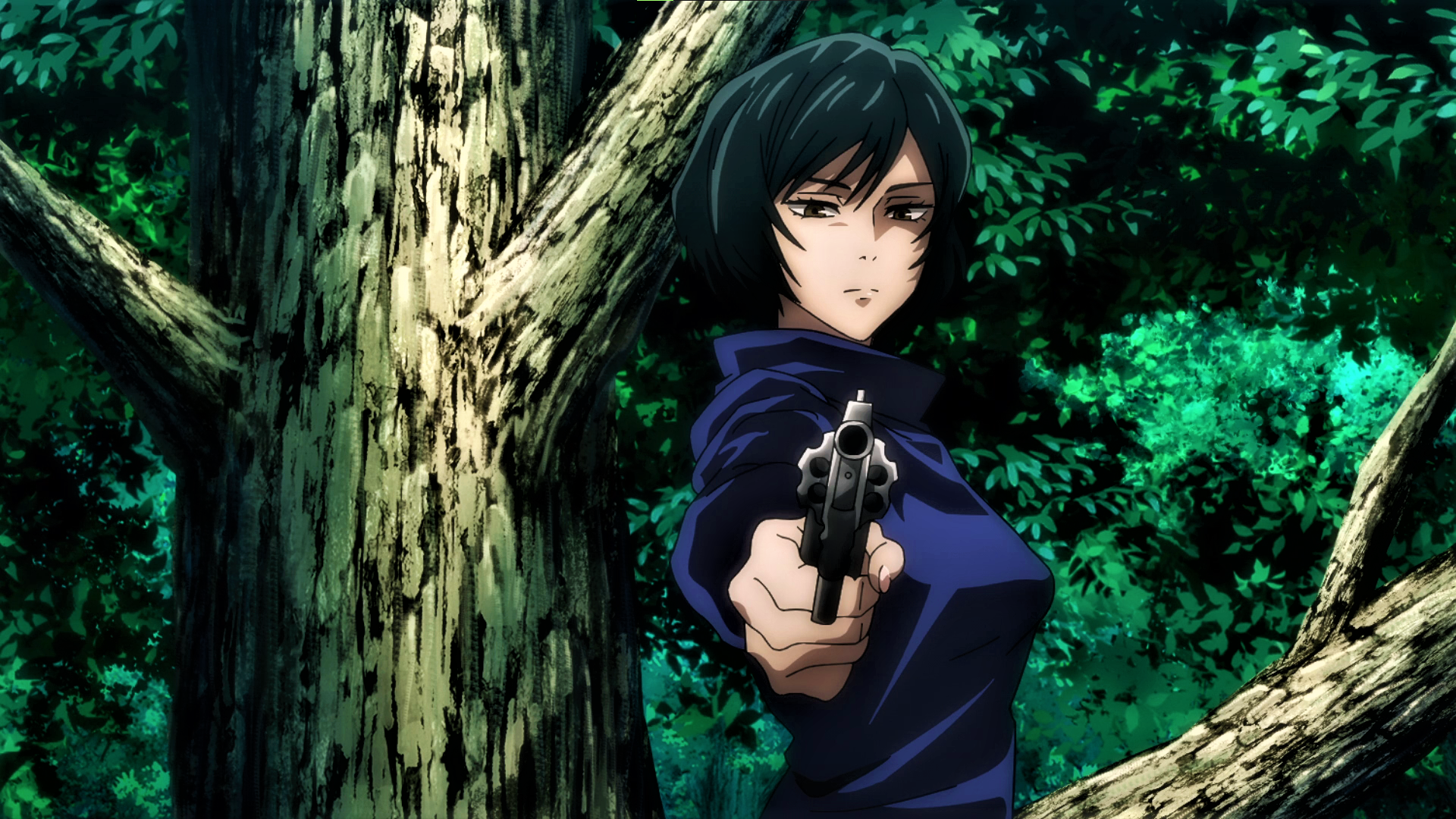 Jujutsu Kaisen Gun Revolver Green Hair Trees Nature Anime Anime Screenshot Anime Girls Uniform Zenin 1920x1080