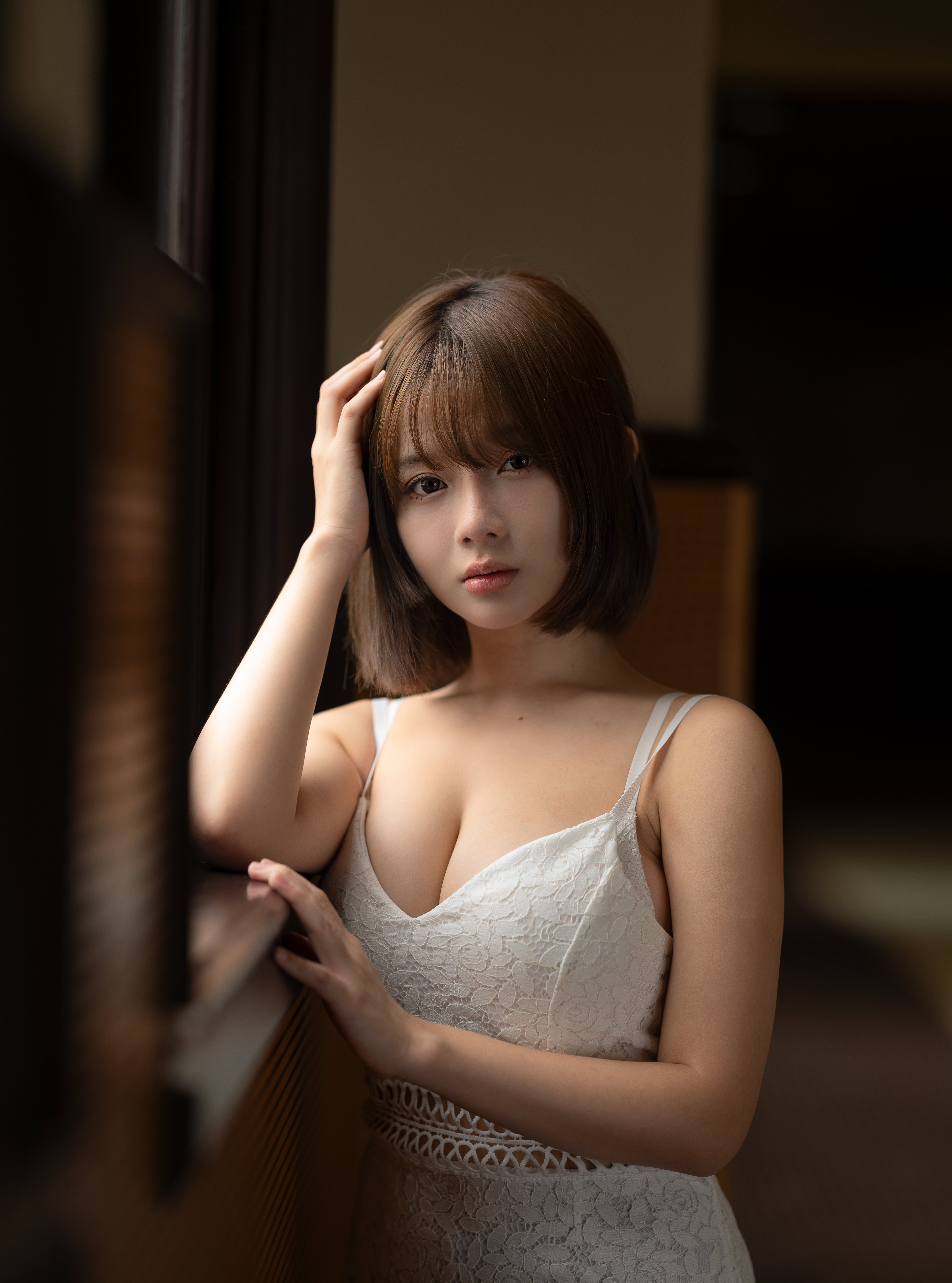 Chou Hsuan Yung Women Asian Brunette Bob Hairstyle White Dress Depth Of Field Layman 5584x7525