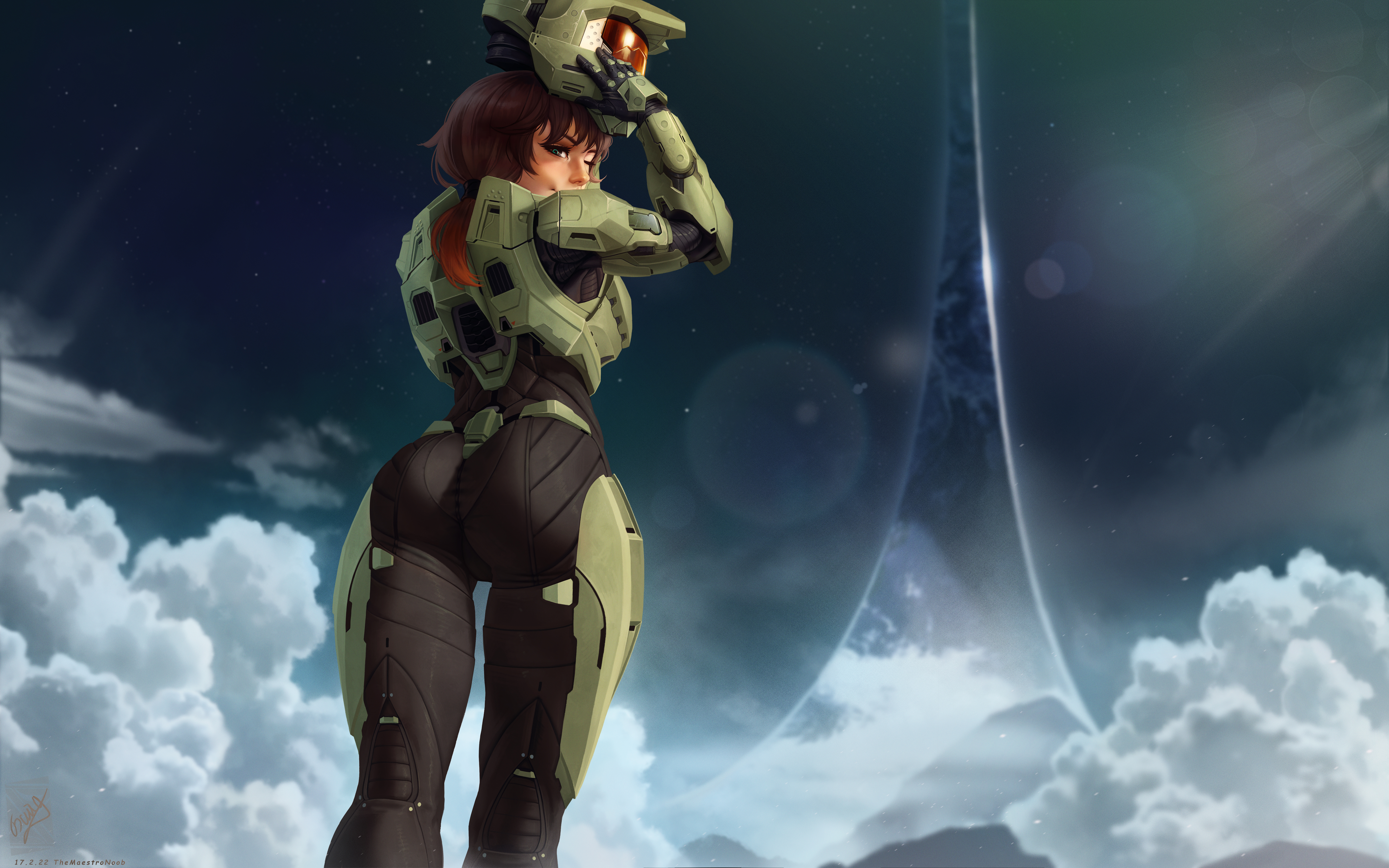 Halo Master Chief Halo Space Green Armor Ponytail TheMaestroNoob Looking Back One Eye Closed Wink He 6000x3750