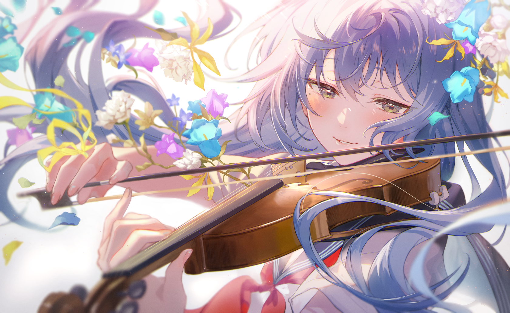 Anime Girls Purple Hair Musical Instrument Violin Green Eyes School Uniform Schoolgirl Mole Under Ey 1680x1033